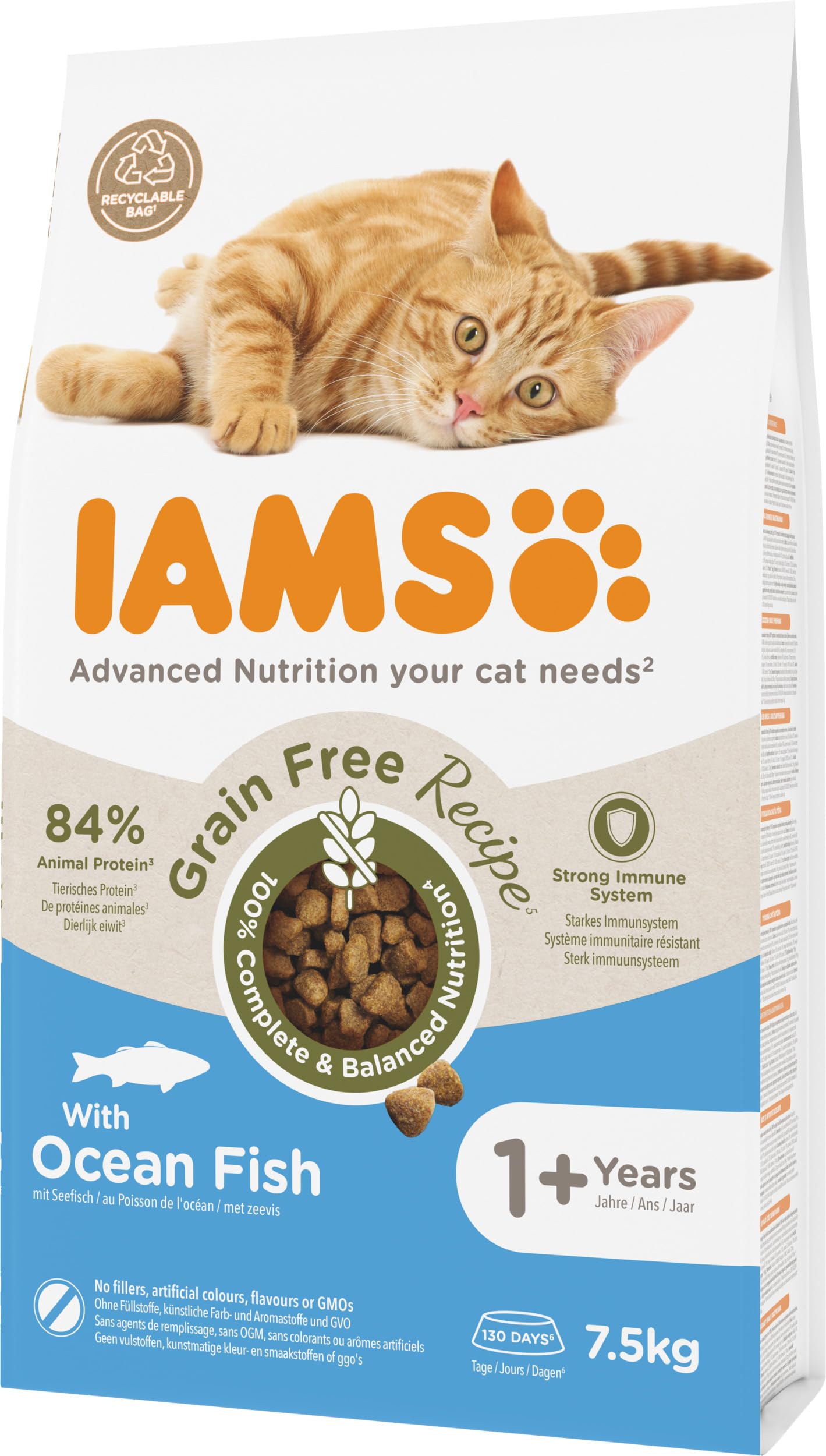 IAMS Alimento Sin Cereales para Gatos Adultos, Pescado de mar, 7,5kg | Alimento para gatos a partir de 1 año | Proteína animal para músculos fuertes | Sin cereales | Con Omega 3 & 6