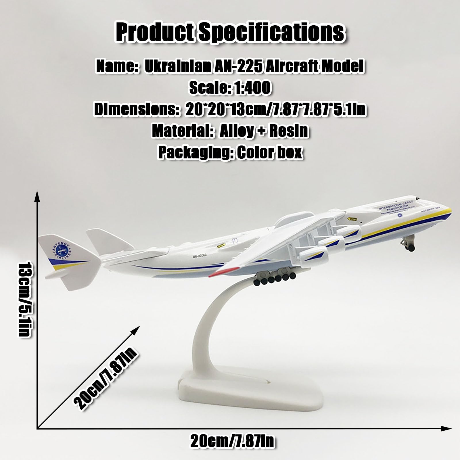 7,8 pollici scala 1:400 Antonov AN-225 Modello di aereo in lega pressofuso modello di aeroplano per collezione ornamento con supporto e confezione regalo