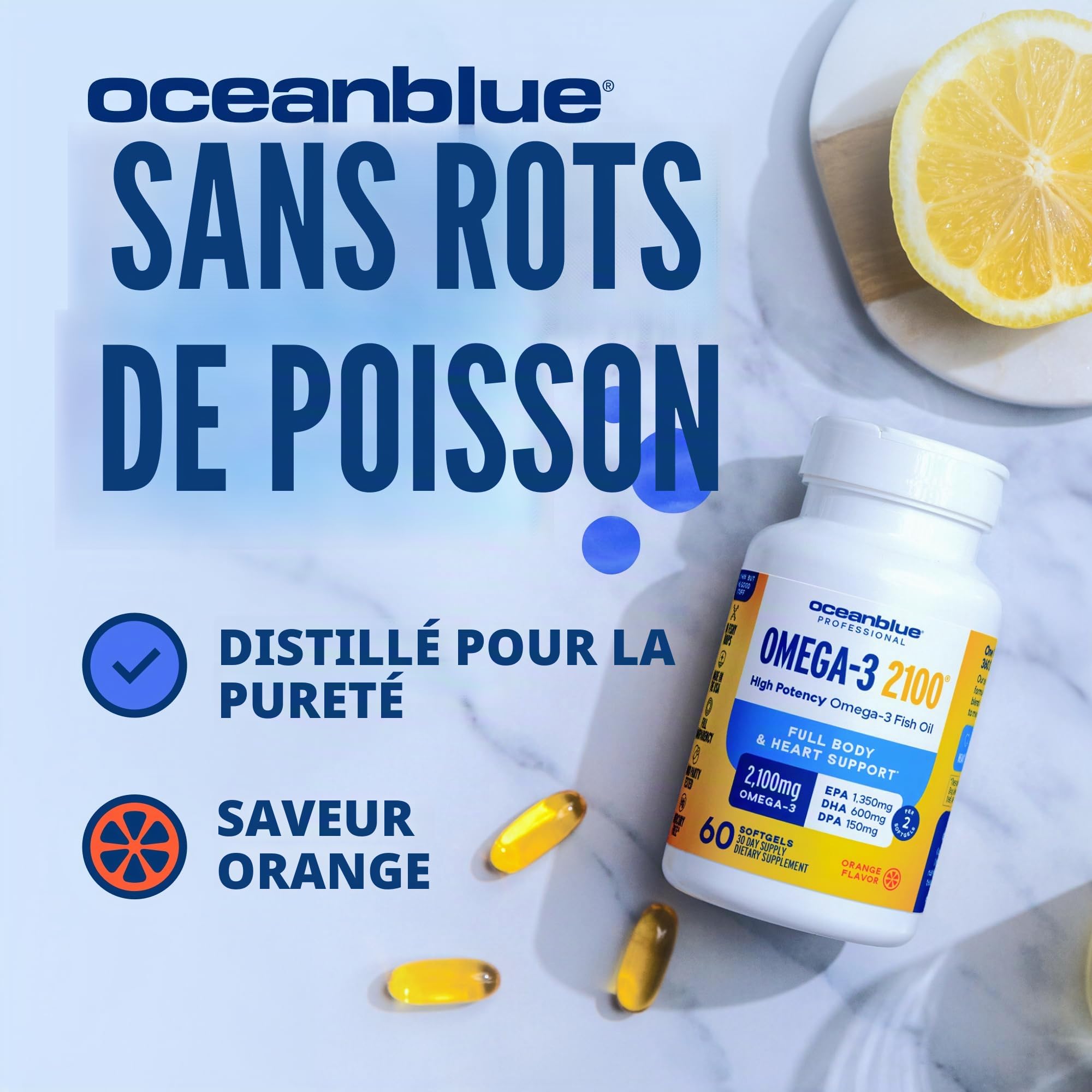 Océan bleu - Omega - 3 2100 olcénique optimisé Saveur orange naturelle 2100 mg - 60 Gélules