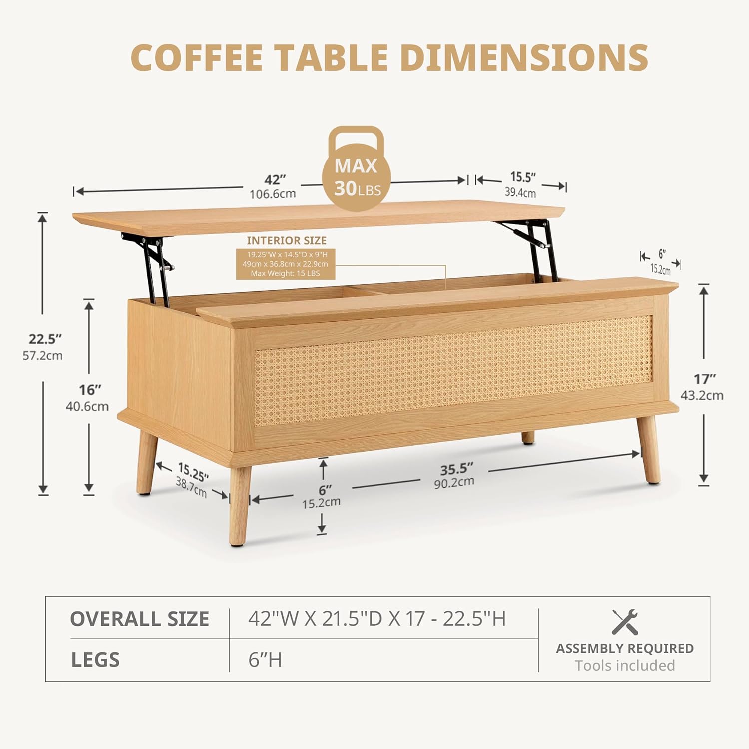Ink+Ivy Solid Wood Lift Top Coffee Table with Storage Compartments and Large Shelves, Handwoven Rattan Accent Sides, Oak Wood Grain Coffee Tables for Home Living Room Natural