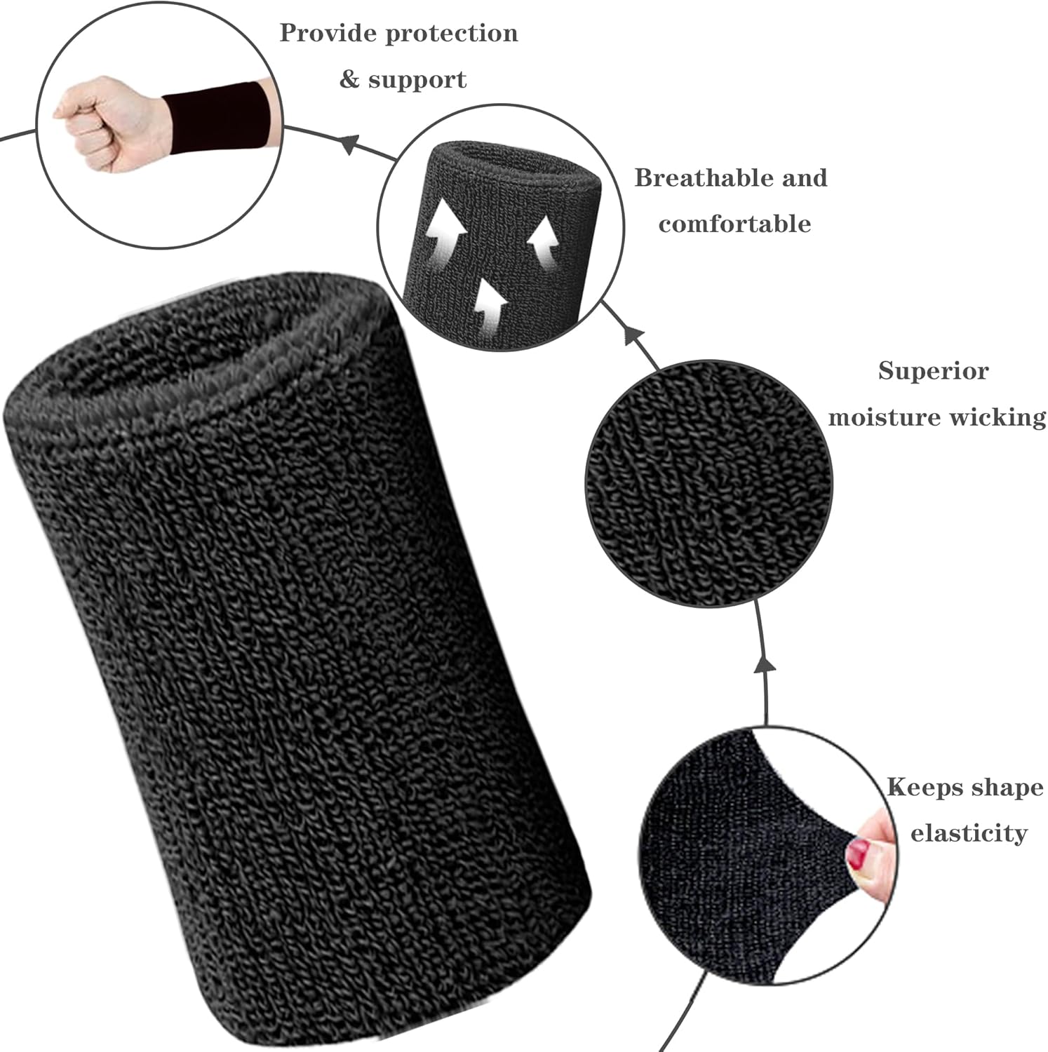 6 Inch Wrist Sweatbands Tennis Wrist Bands Absorbent Sweat Band for Men and Women Sport Long Wrist Bands, Breathable Cotton Athletic Sweatbands for Basketball, Workout, Running (4 Pack) - Image 4