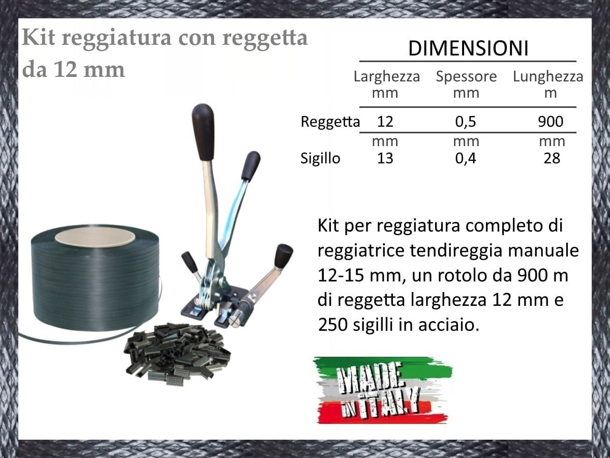 BUD - KIT REGGITURA ROTOLO REGGETTA REGGIA 12mm 900m TENDIREGGIA MANUALE con SIGILLI