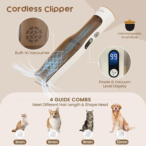 Vista 3 de Katio Kadio Aspiradora de aseo de mascotas para perros – Kit de aspiradora de aseo de perros de bajo ruido de 60 dB para aspirar el 99% de cabello