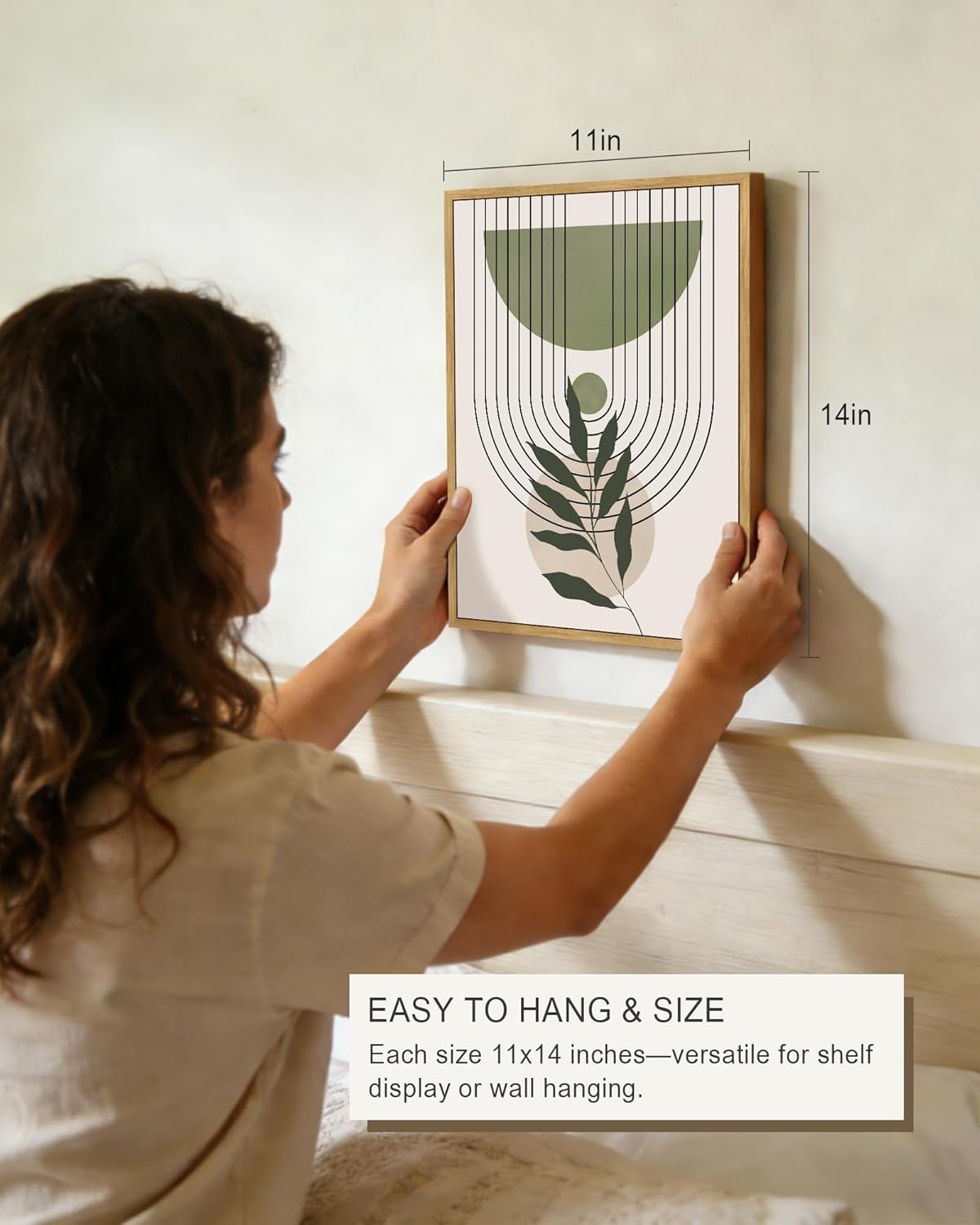 Drsoum Green Botanical Boho Wall Art Framed Modern Sage Bohemian Wall Decor Abstract Geometry Lines Prints Ready to Hang 11x14in Natural Framed