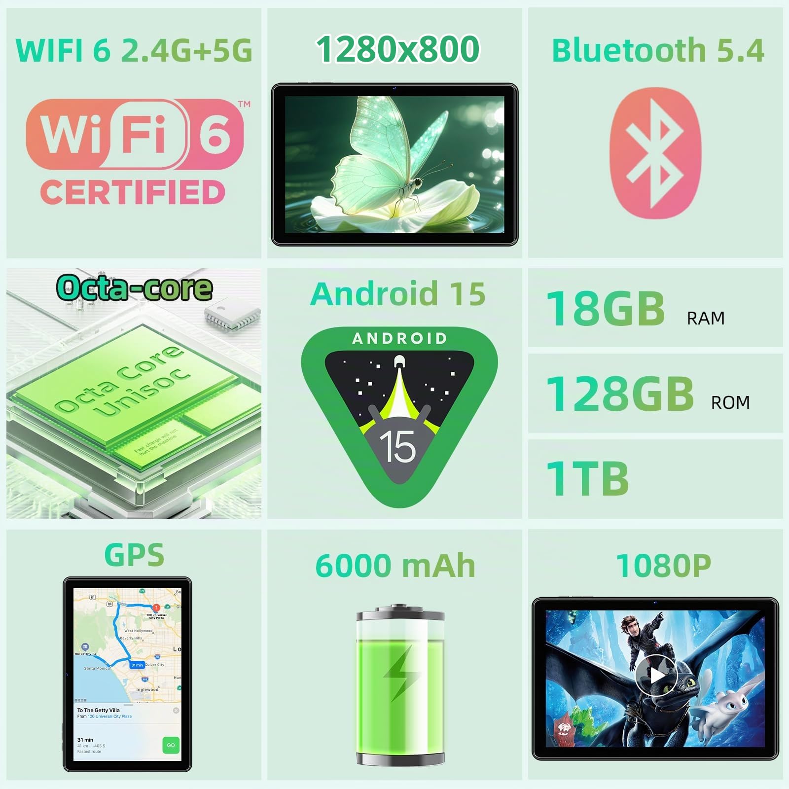 Raemond Tablet 10 pollici Android 15 Tablet PC con RAM 18GB + ROM 128G (1TB TF), IPS 1280 × 800,Widevine L1 Octa-Core Tablet con WiFi 5G, CPU T30, 5MP + 8MP, 6000 mAh, Face ID, certificato da Google