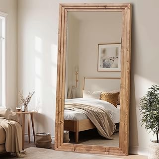 Full Length Wood Mirror 76x34 Rustic Solid Wood Floor Mirror with Triple Layer Frame, HD Tempered Glass, Wall Mounted or Leaning Standing Mirror Light Brown Mirror for Bedroom Bathroom Living Room
