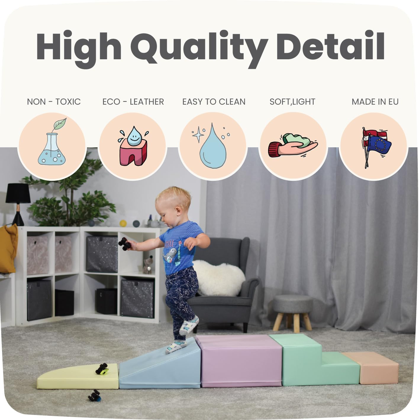 IGLU Soft Play Montessori Large Foam Blocks in Pastel Baby Crawling Helper Forms and Slide Indoor Climbing Toys for Toddlers 1-2