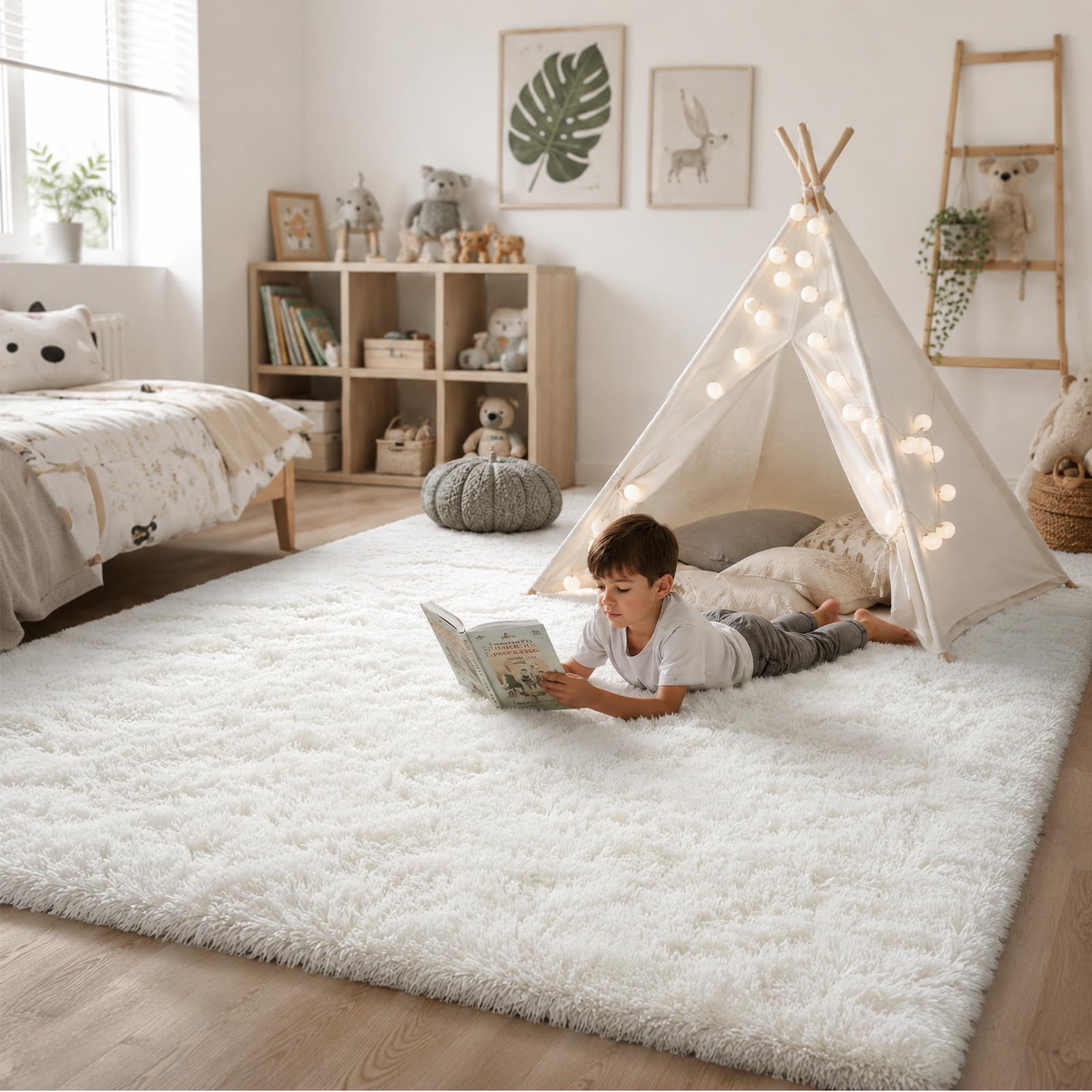 Hochflor Teppich Wohnzimmer 140x200cm, Creme Fuzzy Shaggy Flauschiger Teppich für Schlafzimmer Teppiche, Modern Plüsch Wohnzimmerteppich Bettvorleger High-Pile Carpet rutschfest für Kinderzimmer