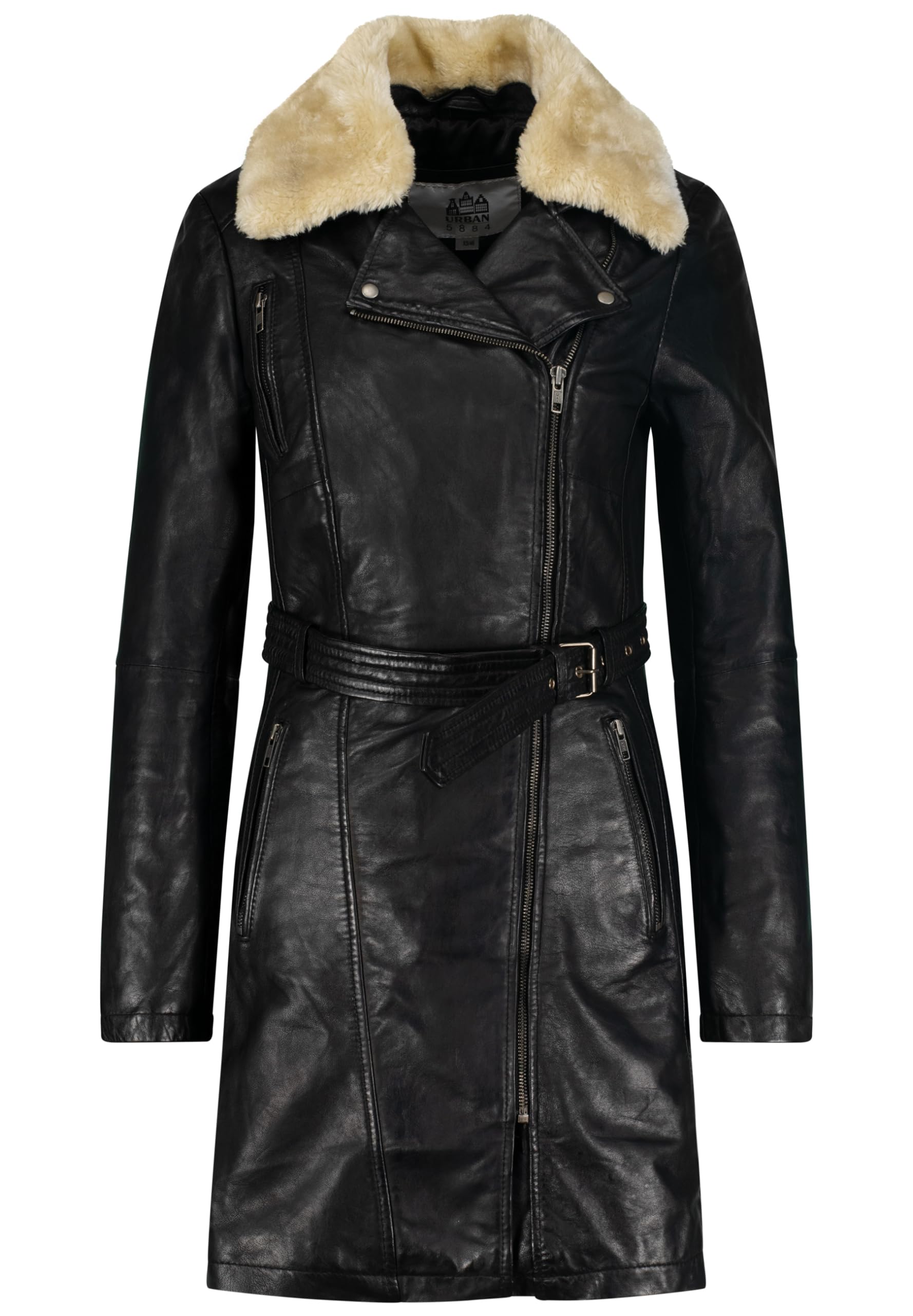 URBAN 5884 Milou Chaqueta de piel para mujer, abrigo largo hasta el muslo, de piel de cordero auténtica, chaqueta de invierno suave al tacto Mujer