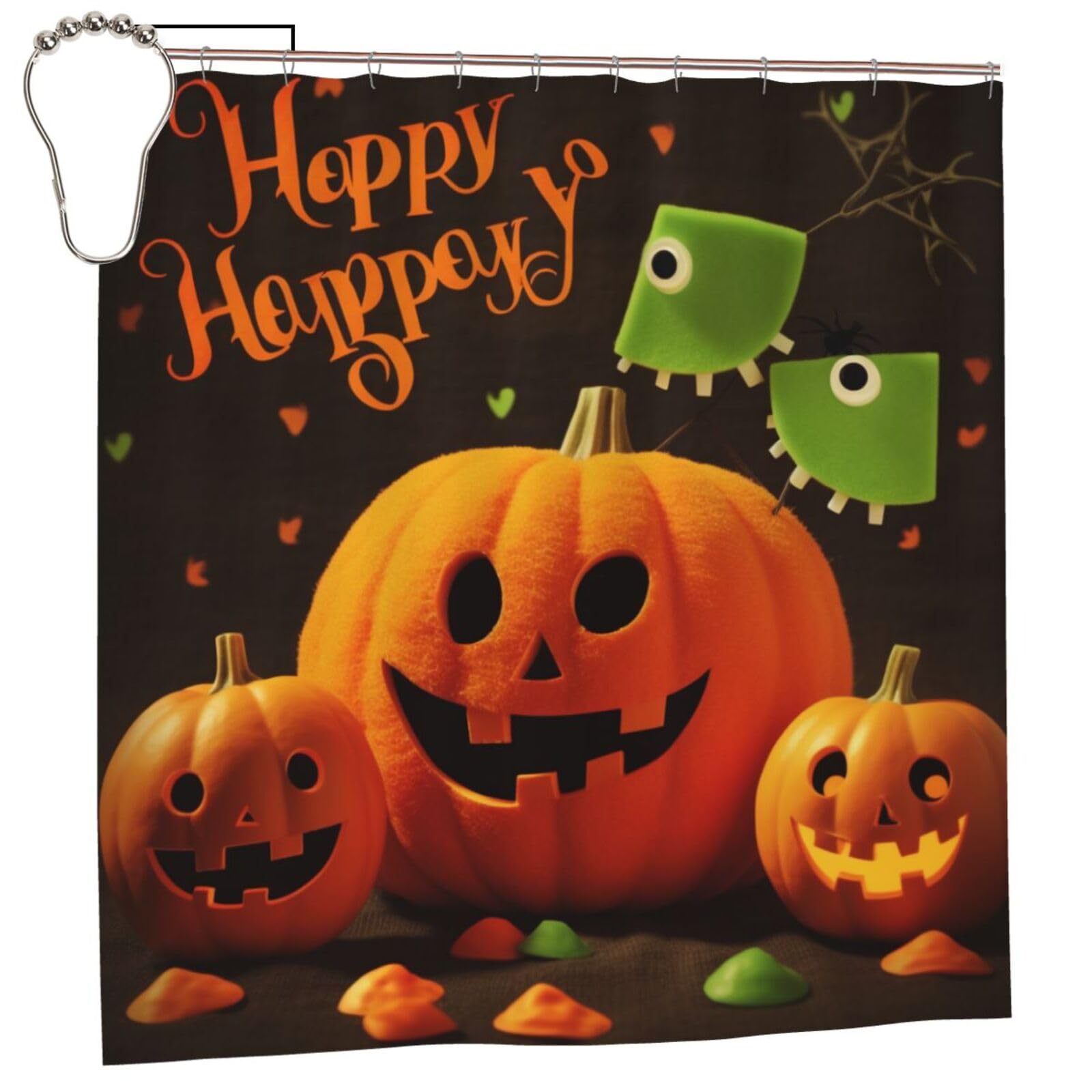 BWWHCCTI Happy Halloween Printed Shower Curtain With 12 Iron Hooks Opaque Quick Drying Waterproof Shower Curtains Sets For Bathroom 183x183 CM