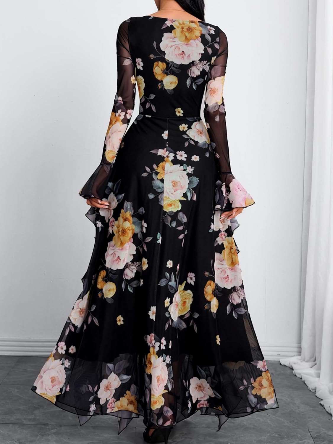 GothDark Women's Floral Dress Mesh Sheer Long Sleeve Square Neck Ruffle Layered Elegant Date Night Holiday Party Outfit - Image 2