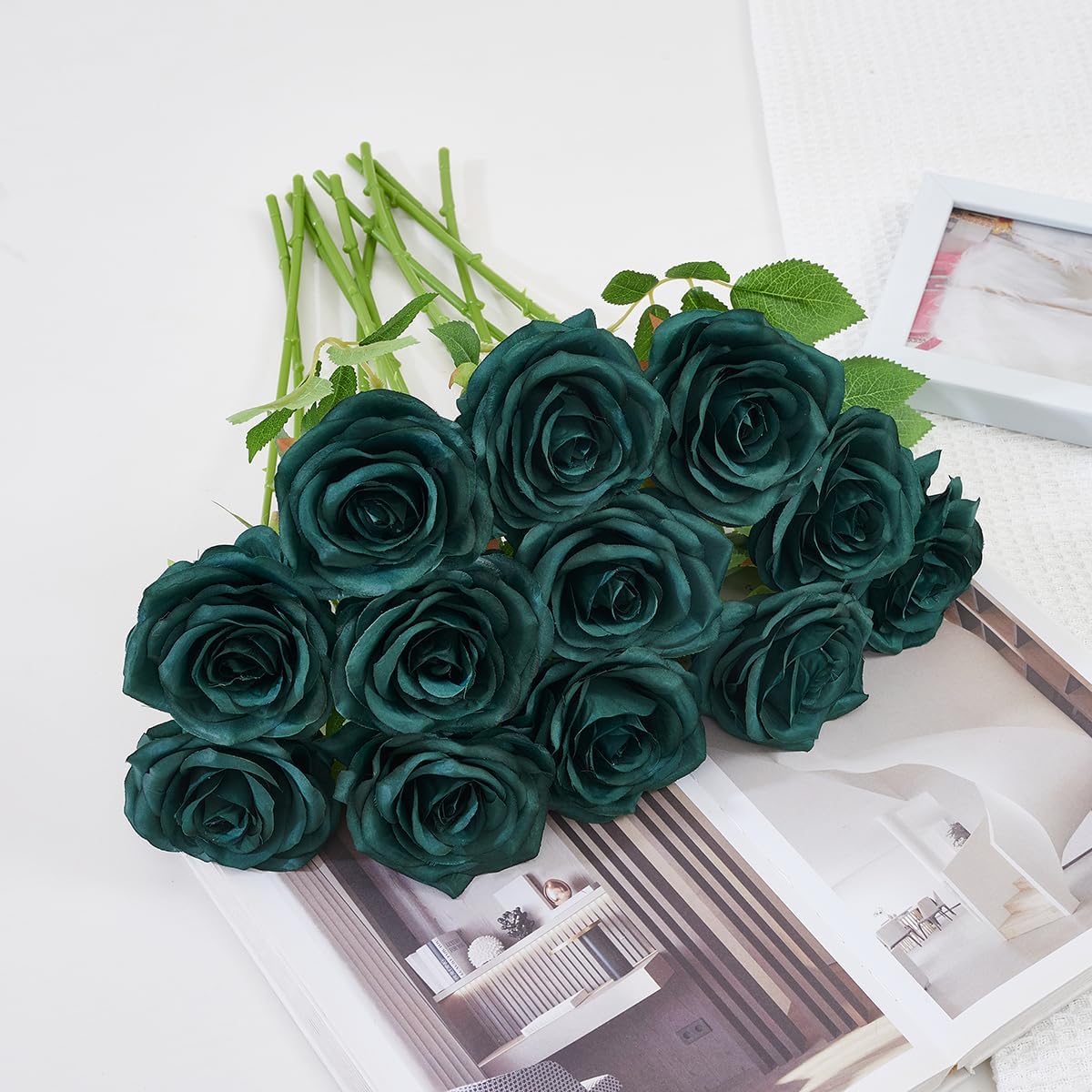 50pcs Emerald Green Roses Artificial Flowers Bulk,Fake Roses Silk Flower with Stems Realistic Flowers for Wedding Centerpiece Home Party Decor - Image 5