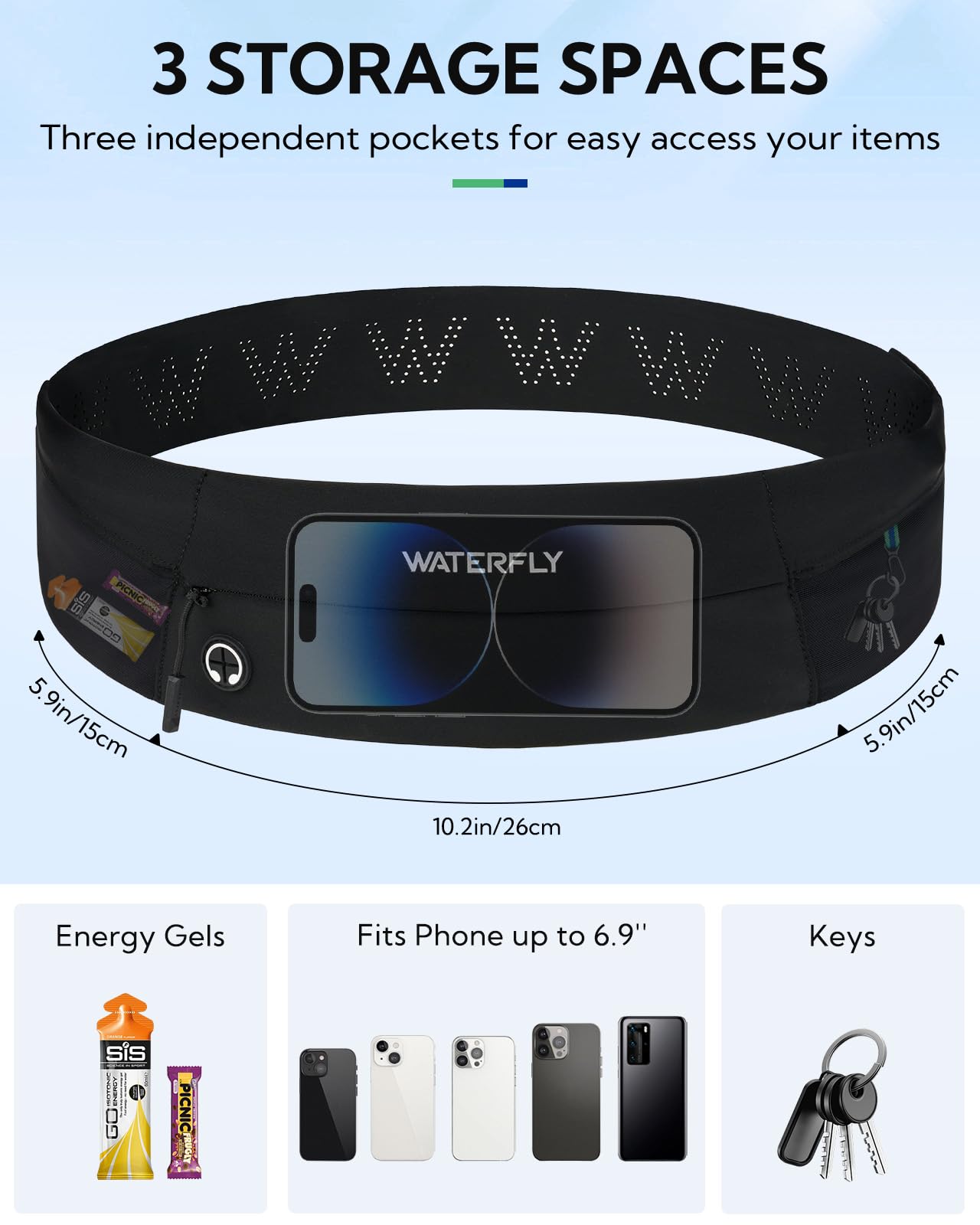 WATERFLY Laufgürtel für Handy Lauftasche Jogging: Handytasche Joggen Herren Damen Gürteltasche zum Laufen Fitness Sport Running Belt Laufgurt Passend für Smartphones Verschiedener Modelle und Größen