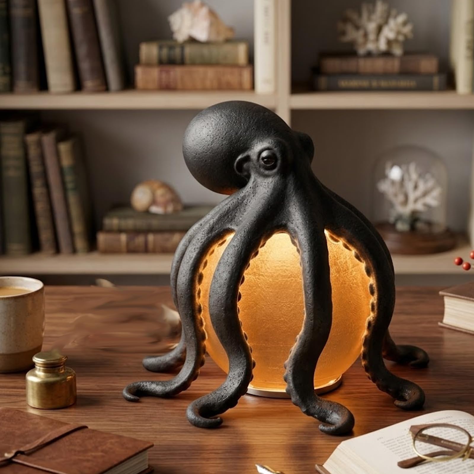 Ośmiornica lampa stołowa, dekoracja oceanu przybrzeżnego z ciepłym blaskiem LED, morska lampka nocna USB do sypialni i salonu akcent