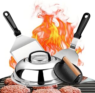 4 Piezas Kit Accesorios Barbacoa Acero Inoxidable con Grande Aplastador de Hamburguesa y Espatula Cocina Acero Inoxidable y Cúpula, Juego de cubiertos para barbacoa,Burger Smasher Hamburguesa