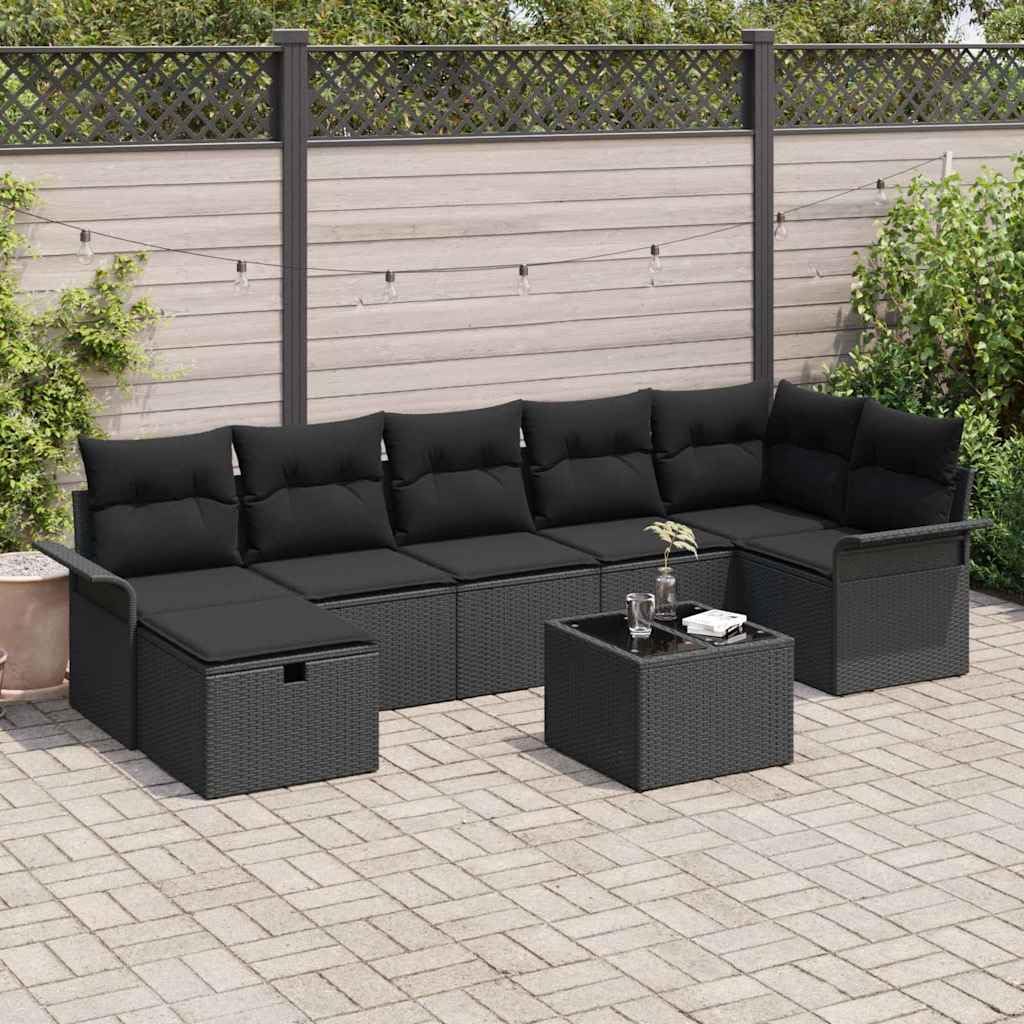 Juego de sofás modulares de jardín con cojines de 8 piezas, color negro, polirratán, para exteriores con espacio de almacenamiento