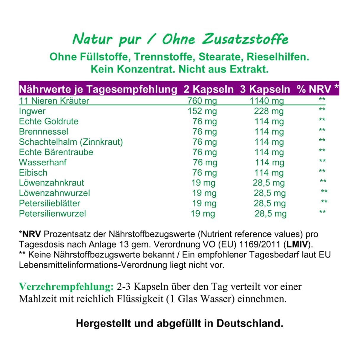 NIEREN Kapseln 11 Kräuter "Nierenkräuter" 360 Kapseln NATUR pur. Goldrute Eibisch Bärentraube Wasserhanf Brennnessel Schachtelhalm uvm - 6 Monatsvorrat. OHNE Zusatzstoffe. 26311-360