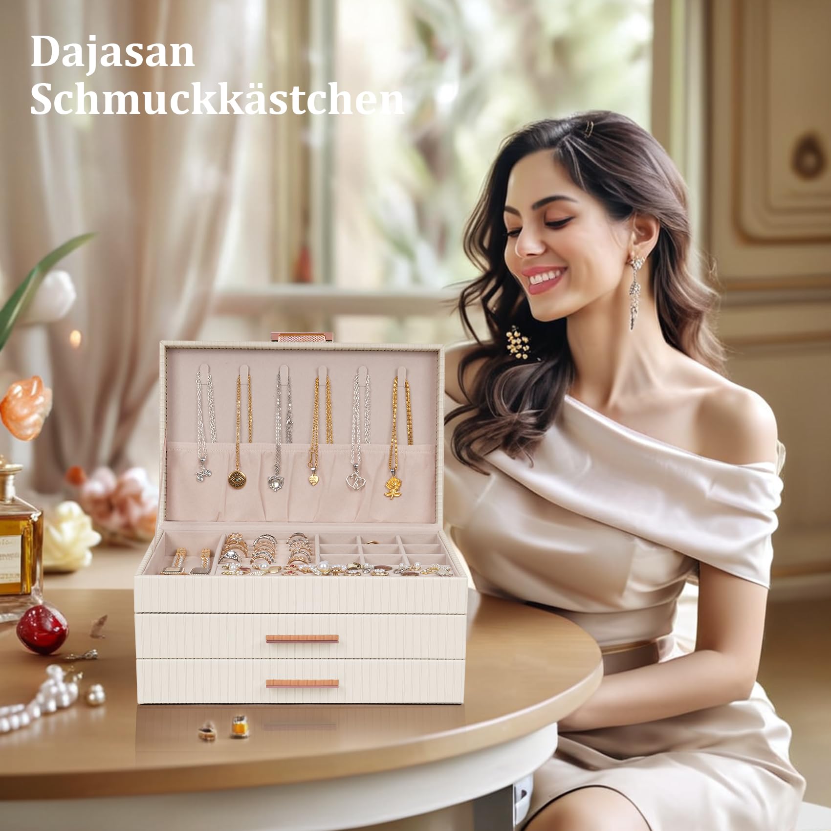 Dajasan Schmuckkästchen, Groß Schmuckaufbewahrung, 3 Ebenen Schmuckkasten mit 2 Schubladen, Schmuckschatulle für Schminktisch, PU-Leder Vertikale Textur, Modern, Geschenk für Damen Mädchen (Beige)