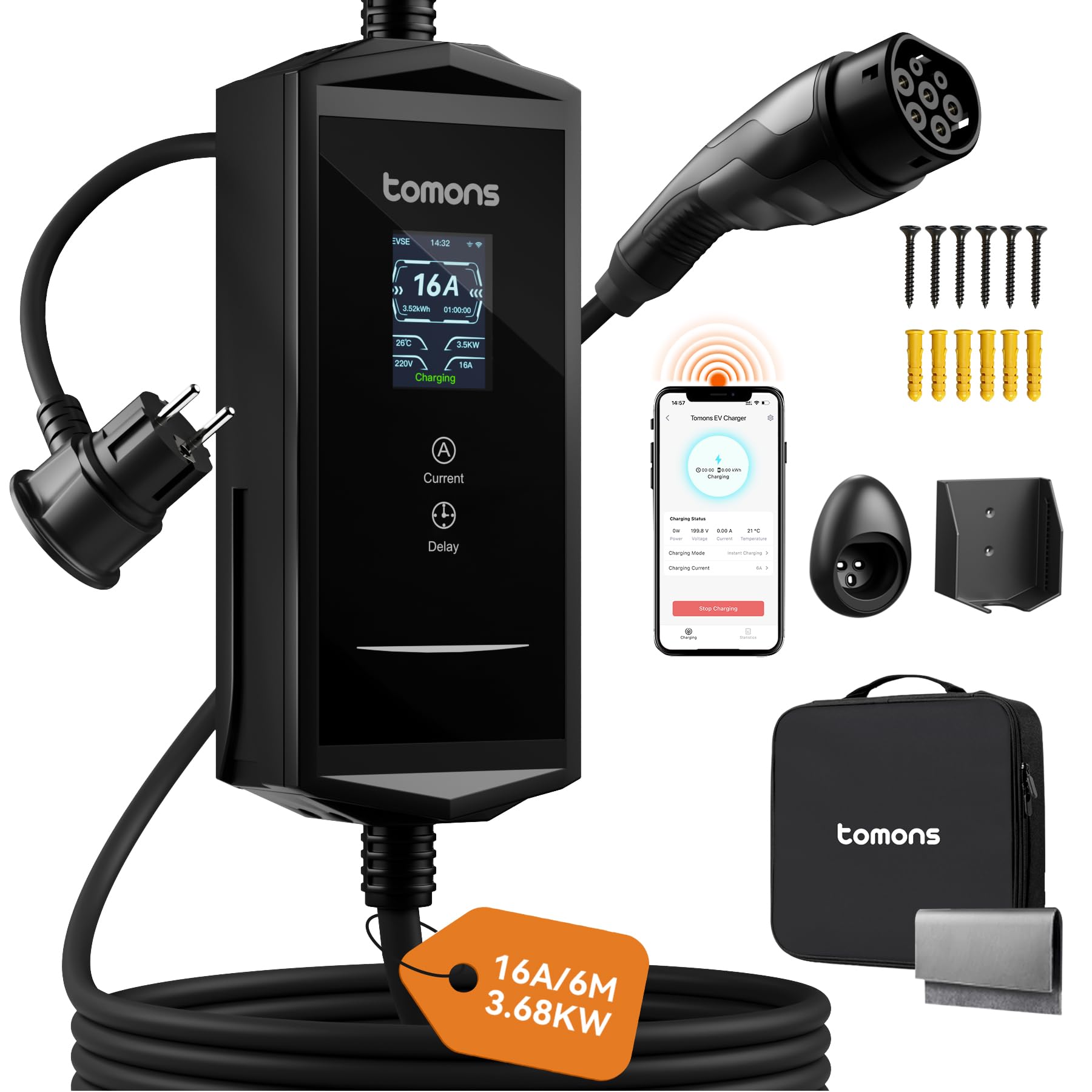 tomons Cavo Ricarica Auto Elettrica App,3,68 kW 6M,Caricatore Auto Elettrica Portatile Tipo 2 Schuko,monofase 16 A,2,4" LCD IP65,Tempo e Corrente Regolabili per Model 3/Y,500e,e-208,Altri EV/PHEV