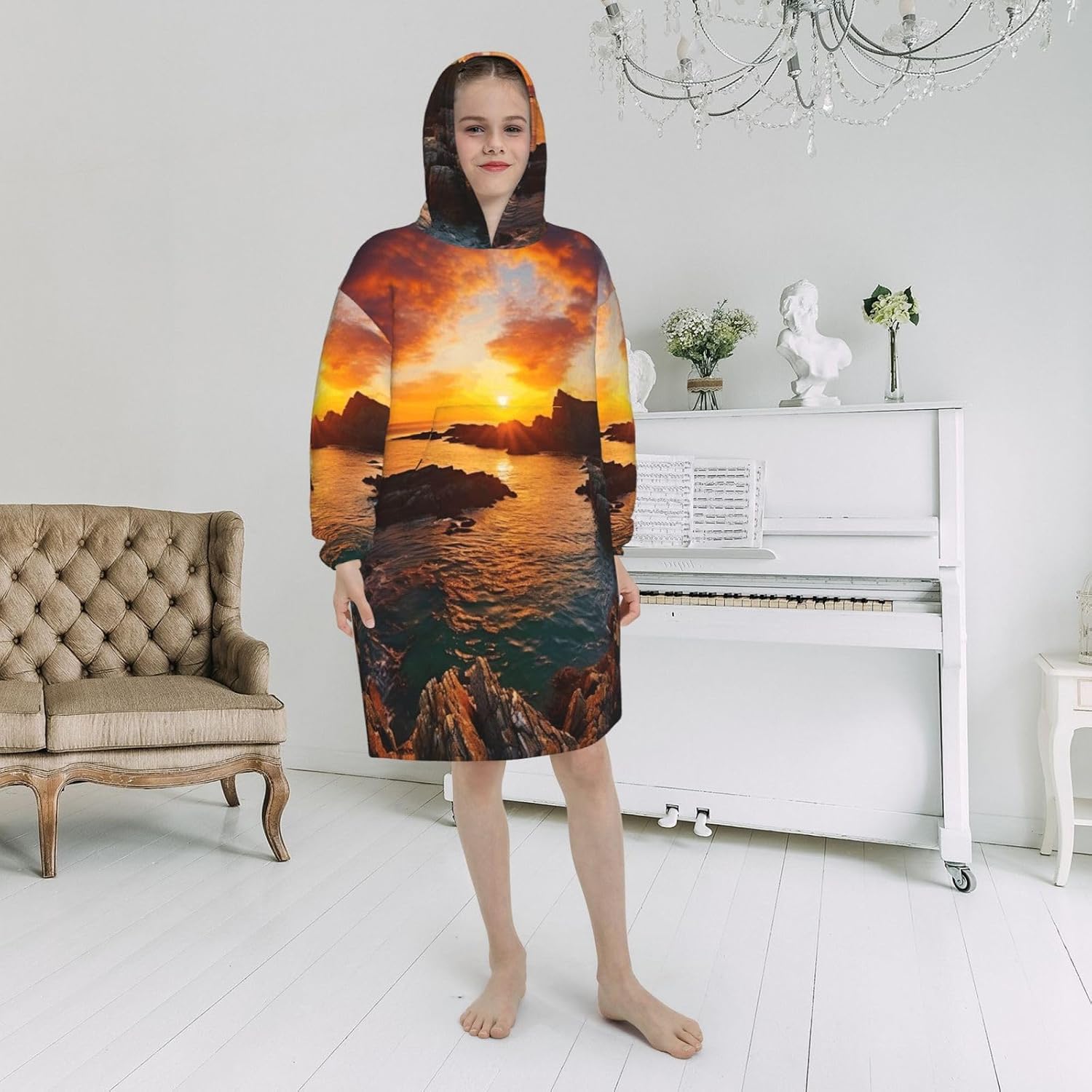 Ireland Sunset Seascape Print Oversized Blanket Hoodie, Wearable Blanket Hooded,Hooded Pullover With Pocket