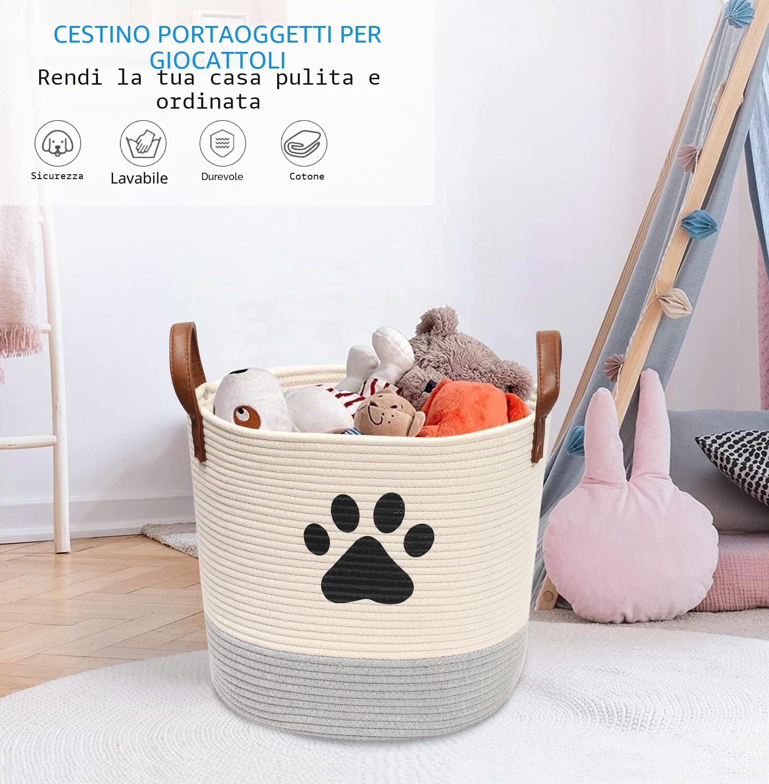 MOREZI Cestino per giochi,cesto per la biancheria,cesto porta giochi per animali domestici.Utilizzato per riporre giocattoli per cani,vestiti,cibo e altre forniture-Beige/Grigio.