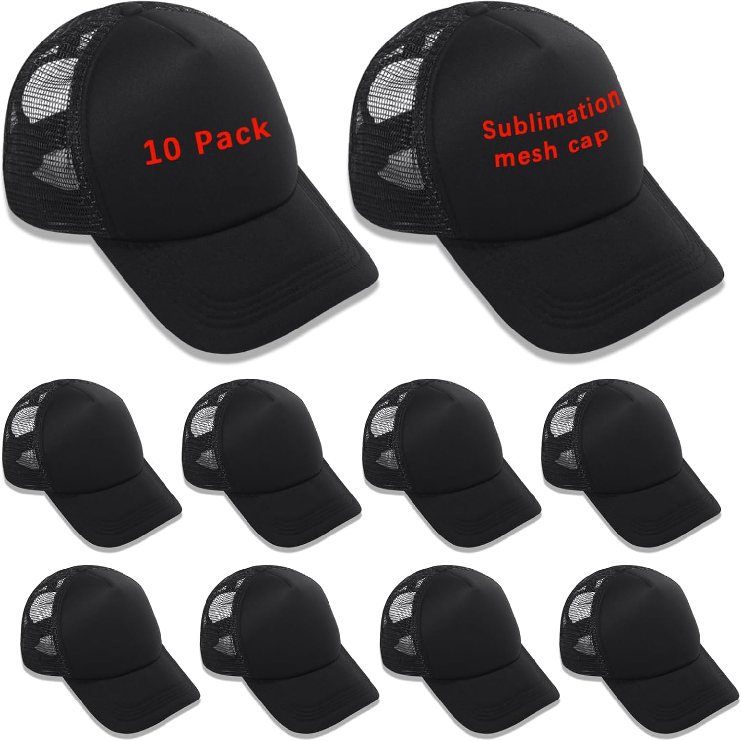 ORJ 10 Pack Unisex Sublimation Blank Mesh Baseball Cap Polyester Mesh Black Trucker Hat Bulk