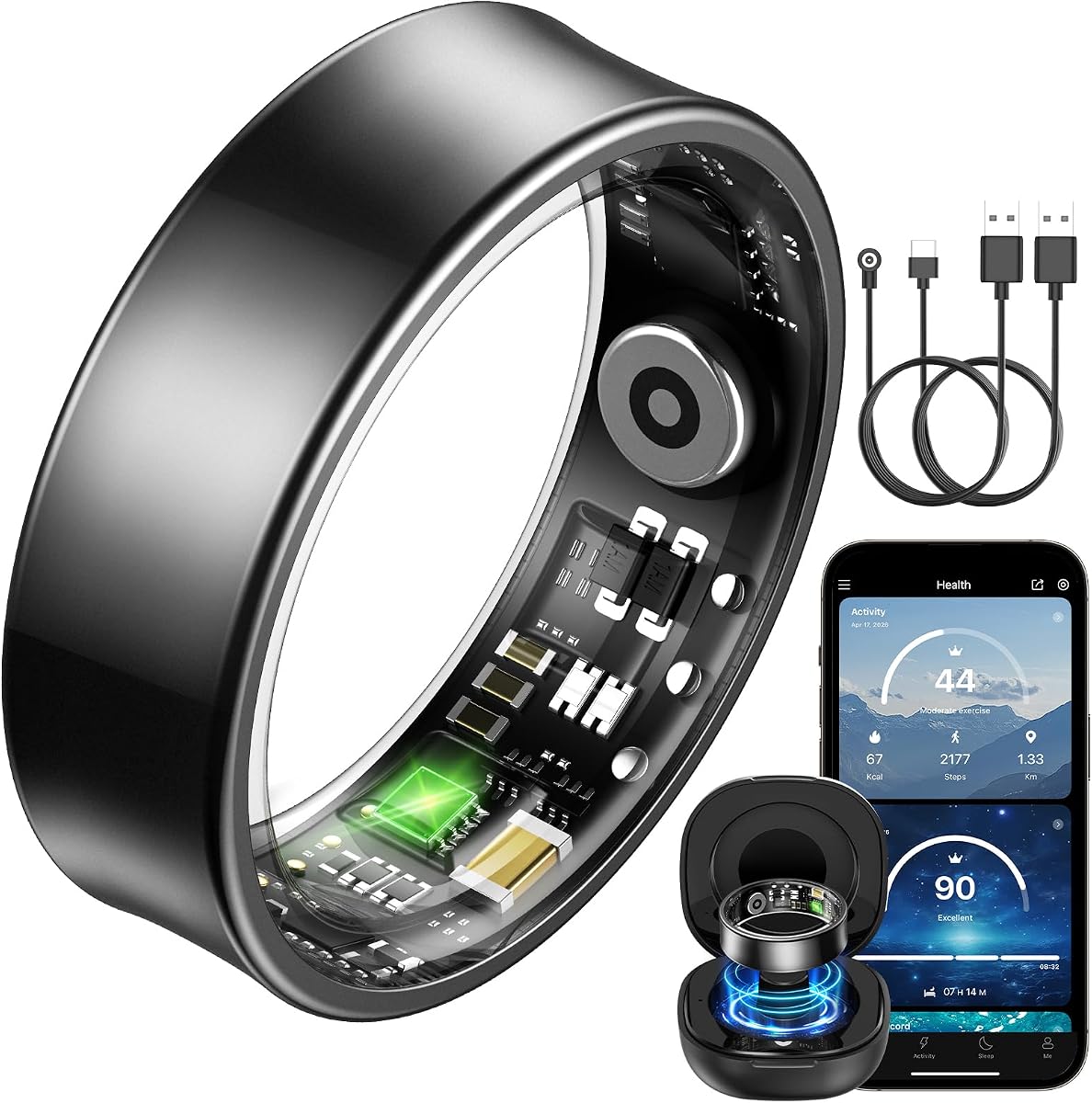 Smart Watch Ring für Herren Damen, Fitness Ring mit 24/7 Herzfrequenz HRV, SpO2 Schlaf Temp, 176 Sportmodi, IP68 Wasserdicht Smartring, APP kein ABO, für Android und iOS (Schwarz, 65.4mm(11))