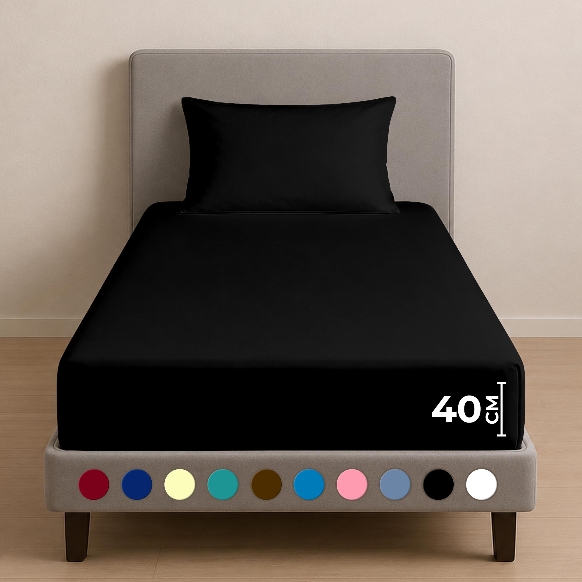 Rohi 40cm Extra Deep Fitted Sheets Single Bed – Soft, Breathable & Anti-Allergy Cotton Blend Fitted Sheet – Elasticated Corners – Wrinkle-Resistant & Easy Care Fitted Bed Sheets (Black, Single)