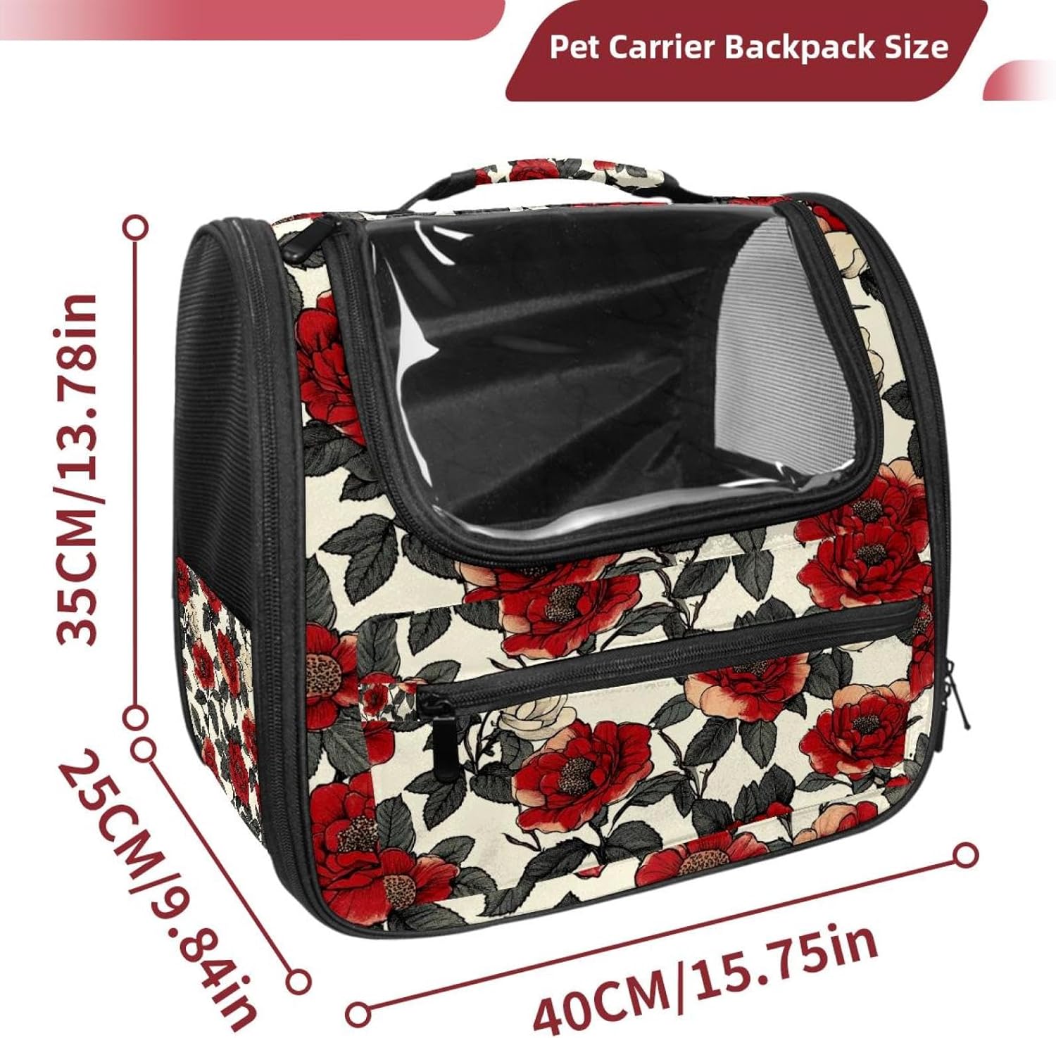 Portable Travel pet Backpack Carrier Hamster Bag Small Dog cat Carrier Breathable Hang Bag, Floral Flower Red Roses