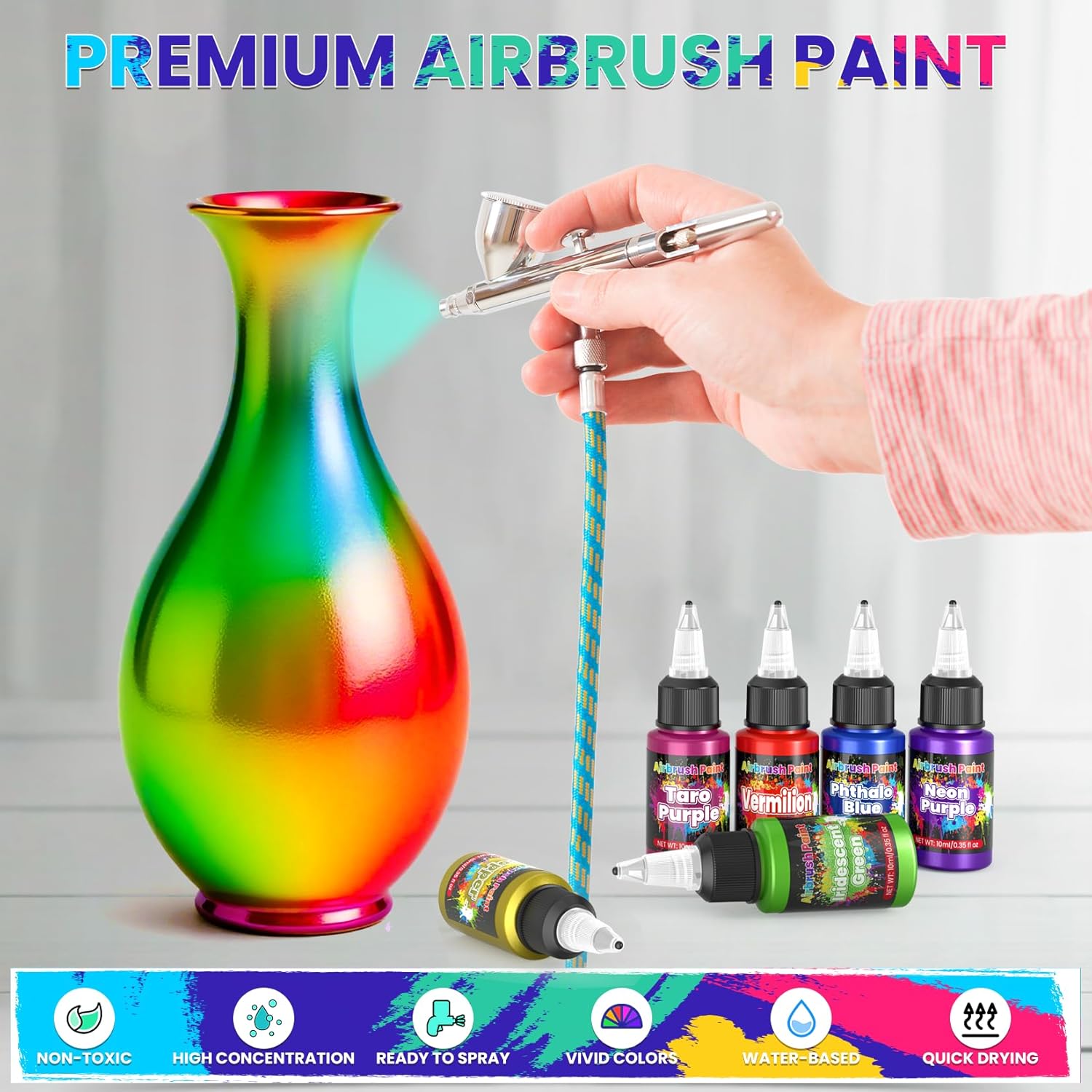 Airbrush Paint - 54 Colors with 2 Airbrush Thinners, Ready to Spray Air Brush Painting Set, Water Based Acrylic Paint for Model, Car, Metal, Fabric, Artists Beginners 4 Types of Colors - Image 3
