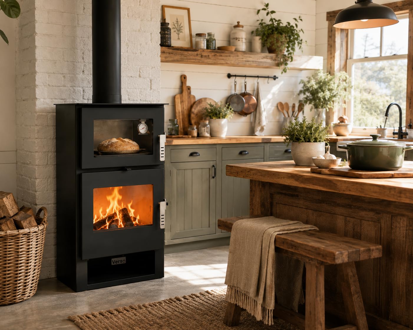 Verso F - Estufa de leña con estufa de acero inoxidable de 9 kW, 81,2% de alta eficiencia, chimenea de cocina y calefacción, horno de acero inoxidable con termómetro, placa superior de acero (sin