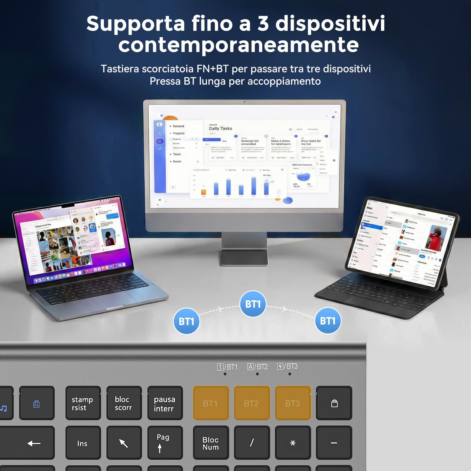 cimetech Tastiera wireless Bluetooth, Tastiera wireless ricaricabile multi-dispositivo con connessione facile fino a 3 dispositivi - Layout italiano, tasti silenziosi Compatibile con Mac, Windows, iOS