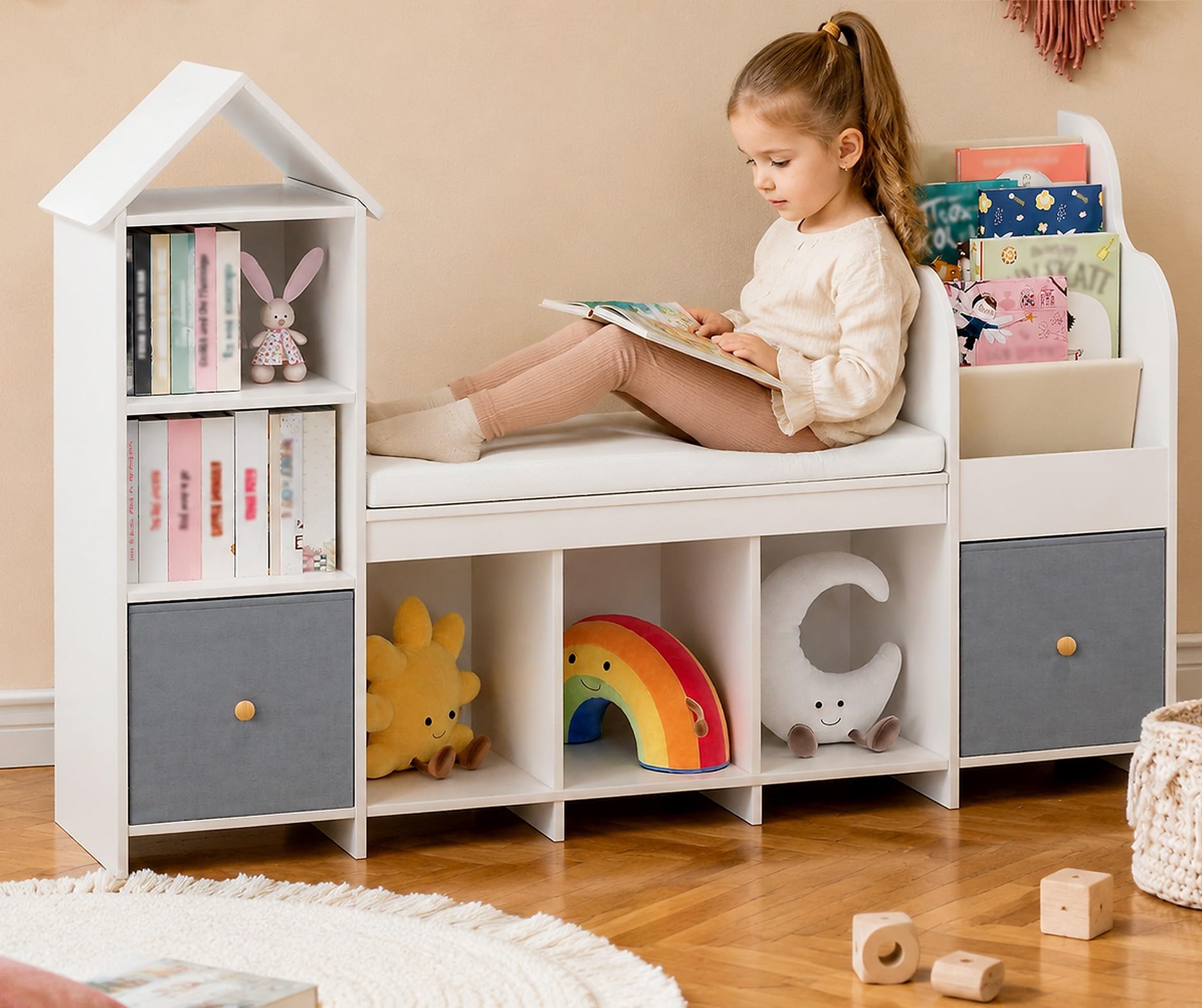 MoraRise Kids Toy Storage Unit,Children's Bookcase with Reading Nook, 4-in-1 Toy Storage Unit with Seat Cushion, 3 Tier kids Bookcase for Bedroom, Playroom, Nursery, White