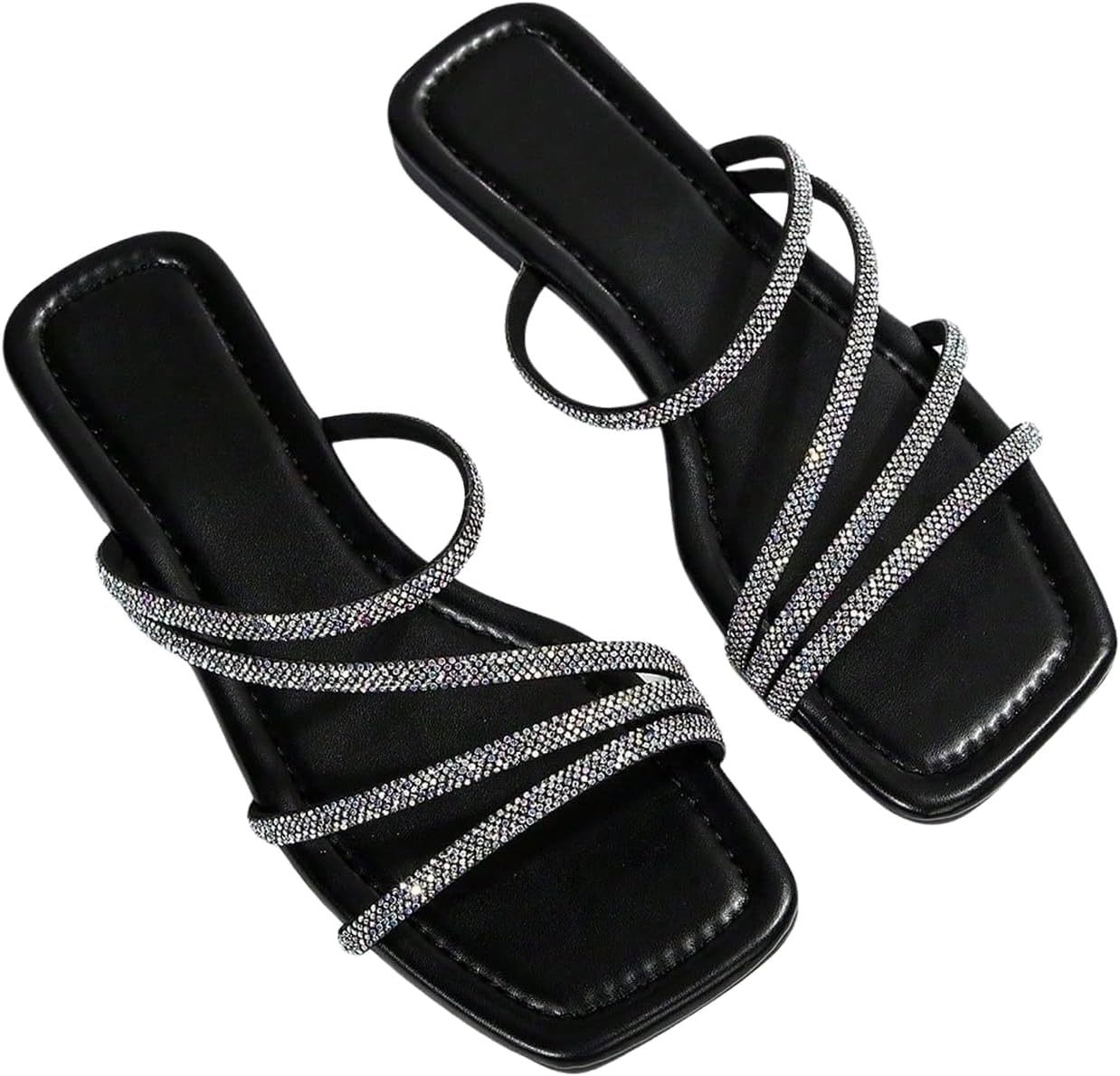 OYOANGLE Women’s Rhinestone Flat Sandals Strappy Slip on Open Toe Slide Sandals Squared Slippers