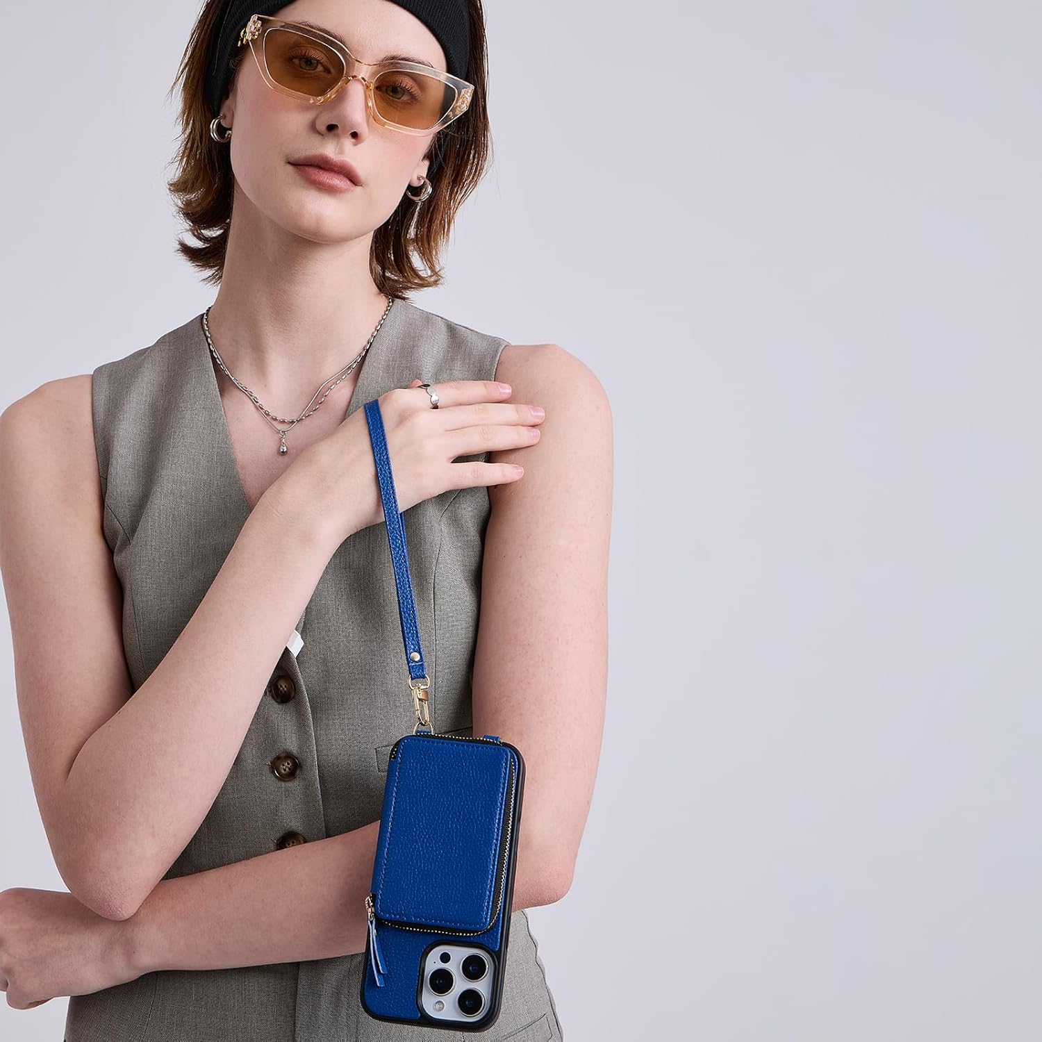 ZVE for iPhone 16 Wallet Case, Leather Zipper Wallet Case Protective Handbag Flip Phone Cover with Crossbody Wrist Strap for iPhone 16 6.1" Navy Blue - Image 4