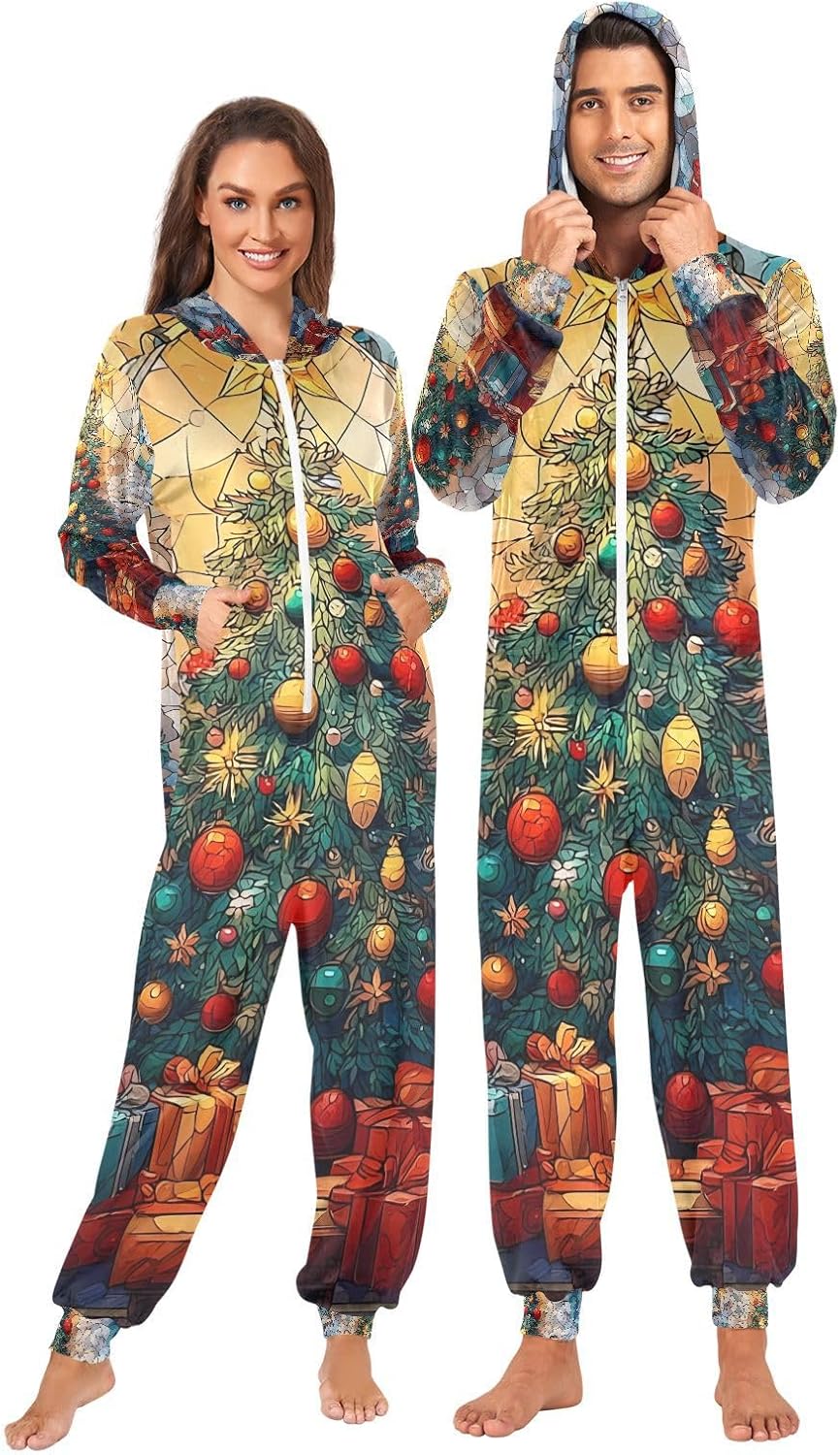 Stained Glass Christmas Tree Colors Adult Onesie Pajamas for Unisex Novelty One Piece Costume Sleepwear
