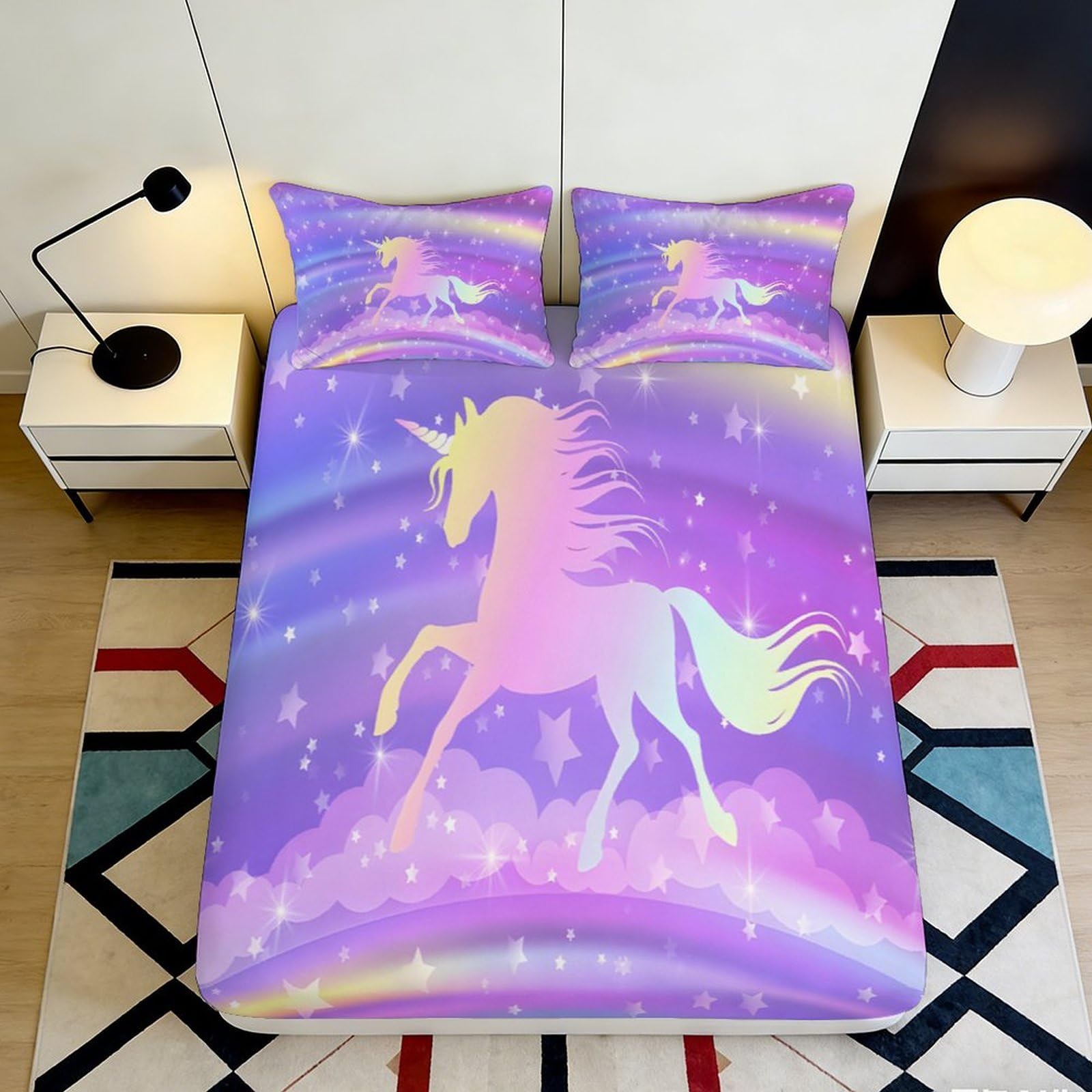 3D Printed Purple Unicorn Fitted Sheet Microfiber Soft Pastel Rainbow Mattress Cover Anti-Slip Machine Washable for Bedroom Guest Room Home Decor 180x200x25cm