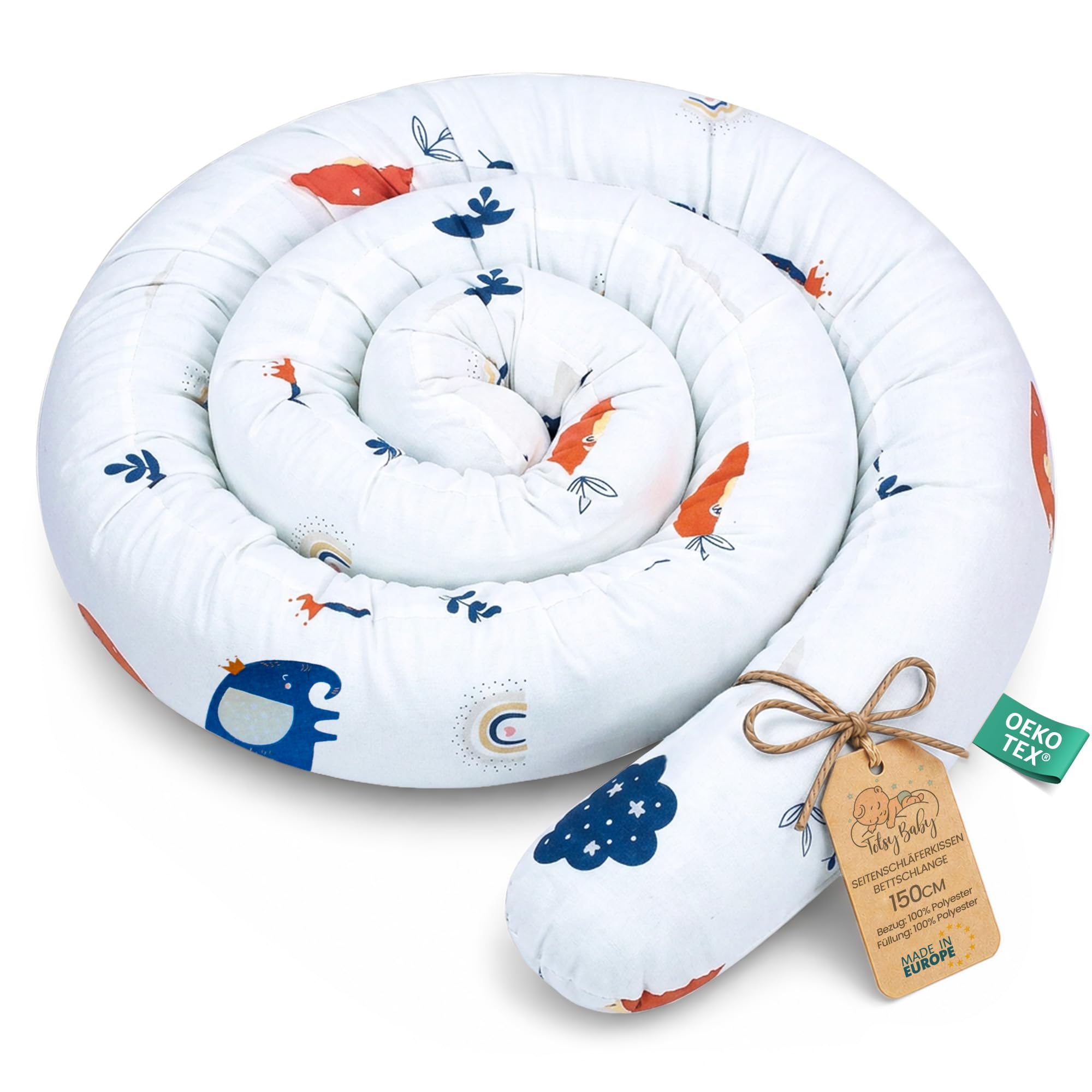 Totsy Baby Coussin serpentin XXL Roulé de lit Bordure - 150 cm - d’Allaitement décoratif Protection Bord Serpent XL Fait Main Motif Arc-en-Ciel Bleu Marine Certificat Oeko-Tex