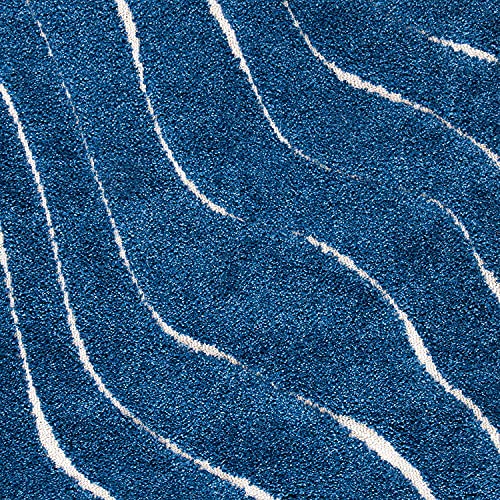 Image of Abstract Wavy Design Square Shaggy Carpet for Living Room, Bedroom, High Low Design Finish Microfiber 1.8 Inch Pile High, 5x5 Feet Blue|Cream Color