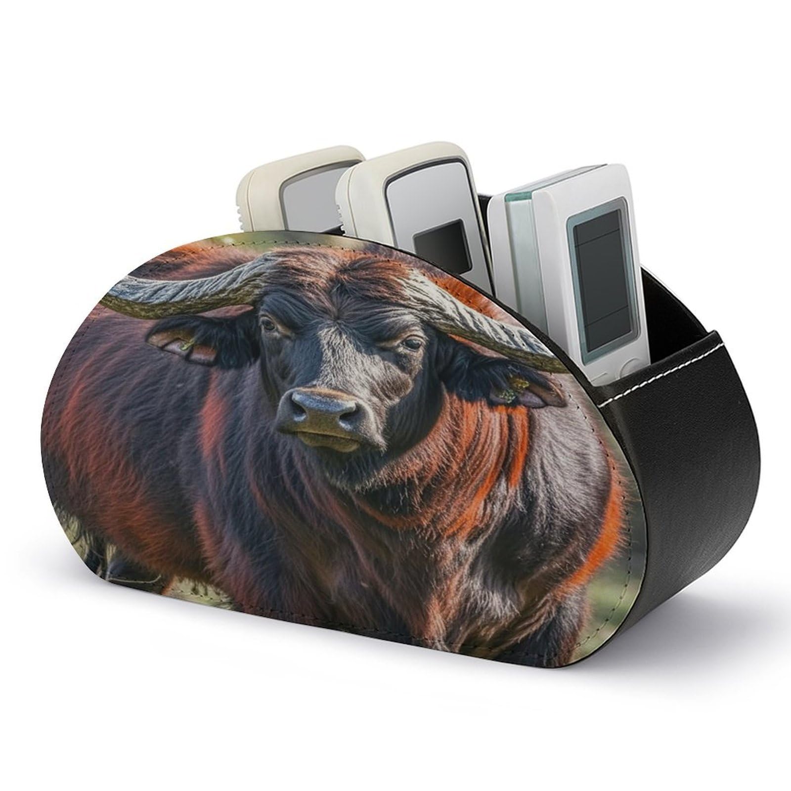 LZQPOEAS Cow Remote Control Holder with 5 Compartments PU Leather Remote Organizer Box Caddy for Table Nightstand Remote Caddy Desktop Organizer Fits Media Controllers