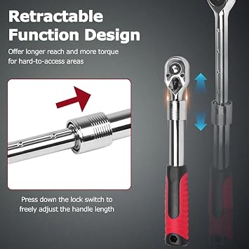 Extendable Ratchet Wrench Set, 1/4 3/8 1/2''Flex Head Socket Ratchet Wrench