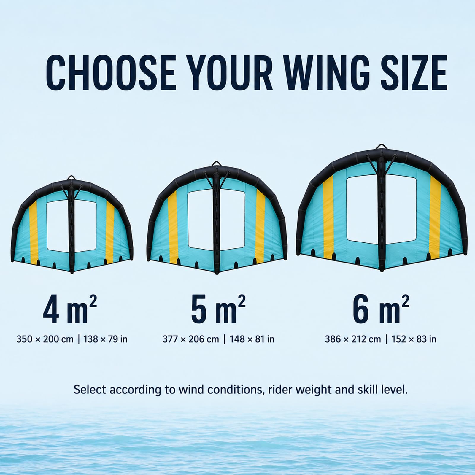 Ala Wing Hinchable de Mano para Windsurf, Surf y Deportes Acuáticos | Tamaños 4/5/6 m², Bomba y Bolsa de Transporte Incluidas, Uso Sin Arnés, Líneas ni Barra de Control