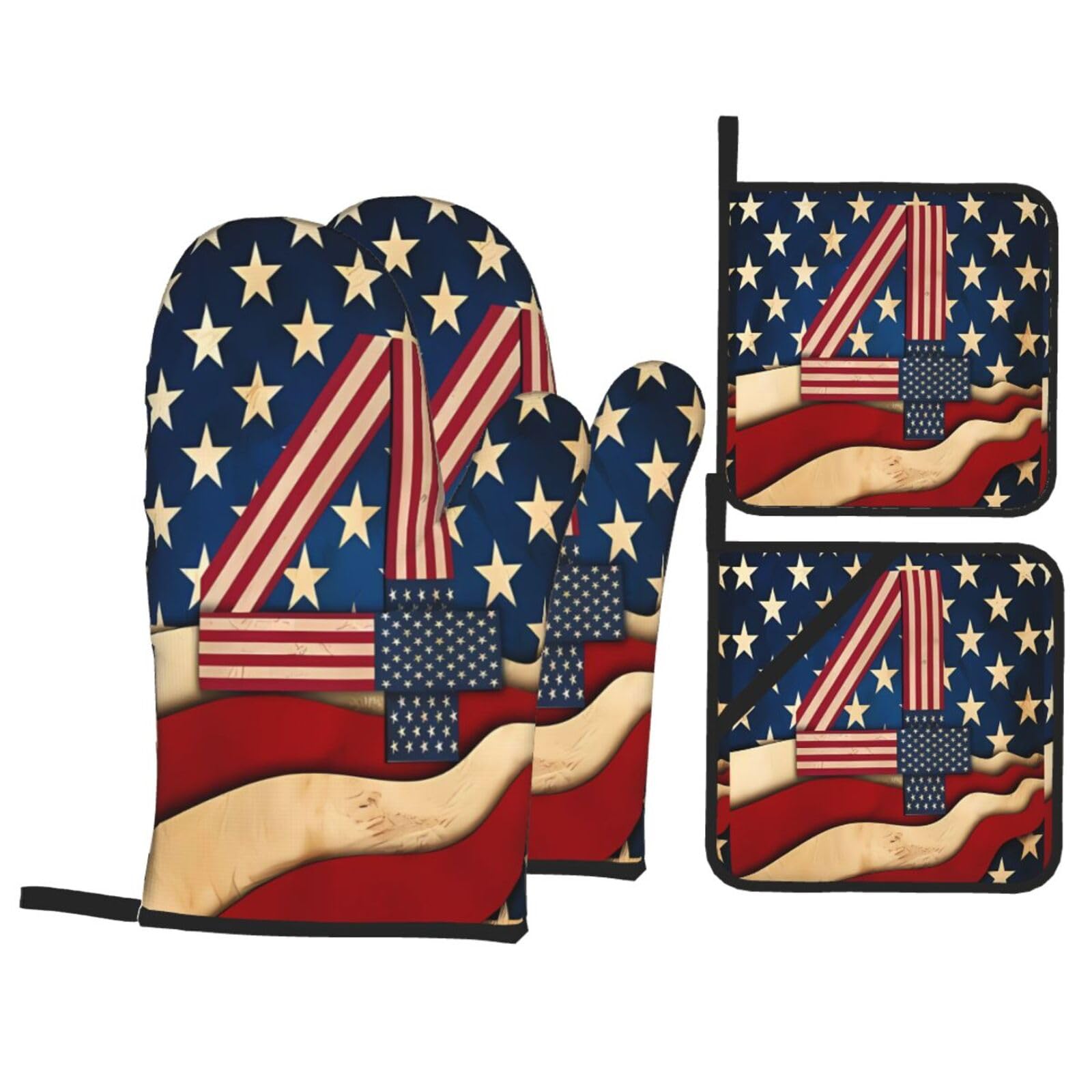 HJFCZH 4th of July Patriotic Flag Prints Kitchen Throw Set: Durable Oven Layers with Waterproof Polyester – 4 Piece Heat Protection System