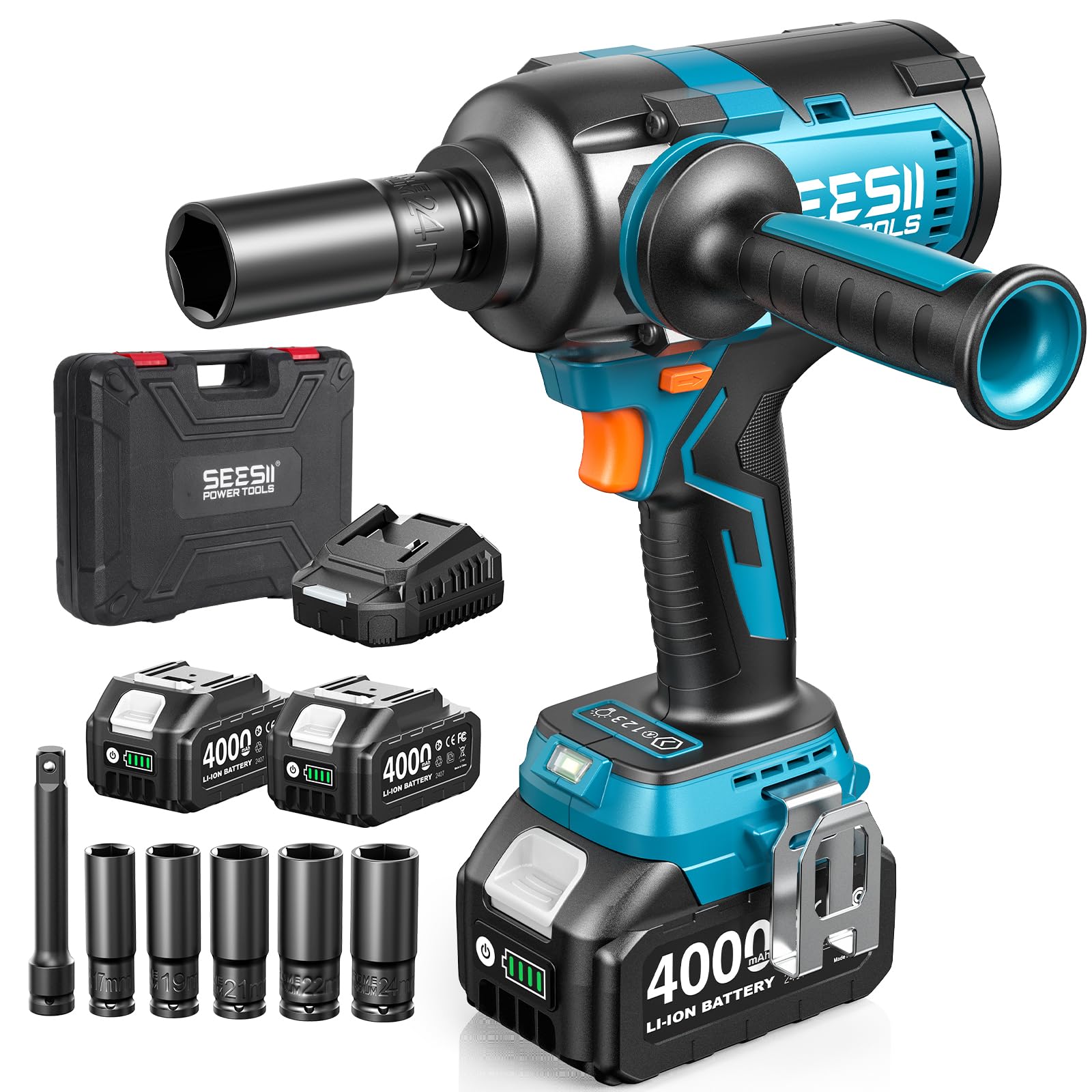 Seesii Borstelloze draadloze slagmoersleutel, 650 Nm elektrische slagmoersleutel met twee accu's 4,0 Ah 21 V, slagschroevendraaier, slagfrequentie 3000 IPM/3300 omw/min, met 6 slagdoppen, WH700