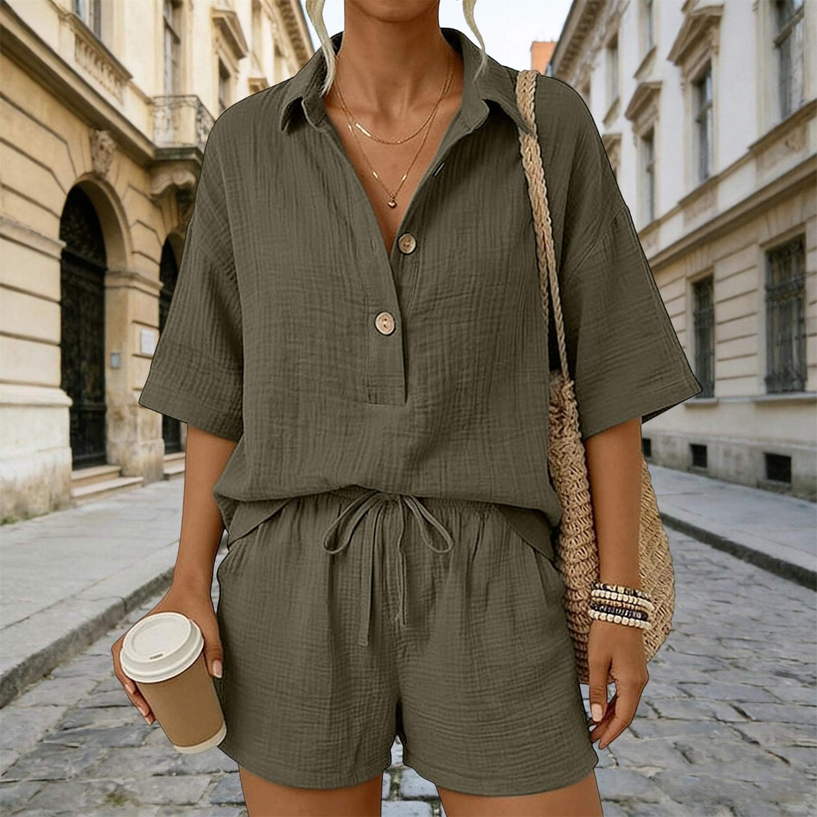 Genérico Conjuntos Mujer Verano Casual Dos Piezas Pantalon Cortos y Blusa Elegante Conjunto Lino Chándal Camisa Manga Corta Conjunto de Verano Ropa de Playa Chandal con Bolsillos