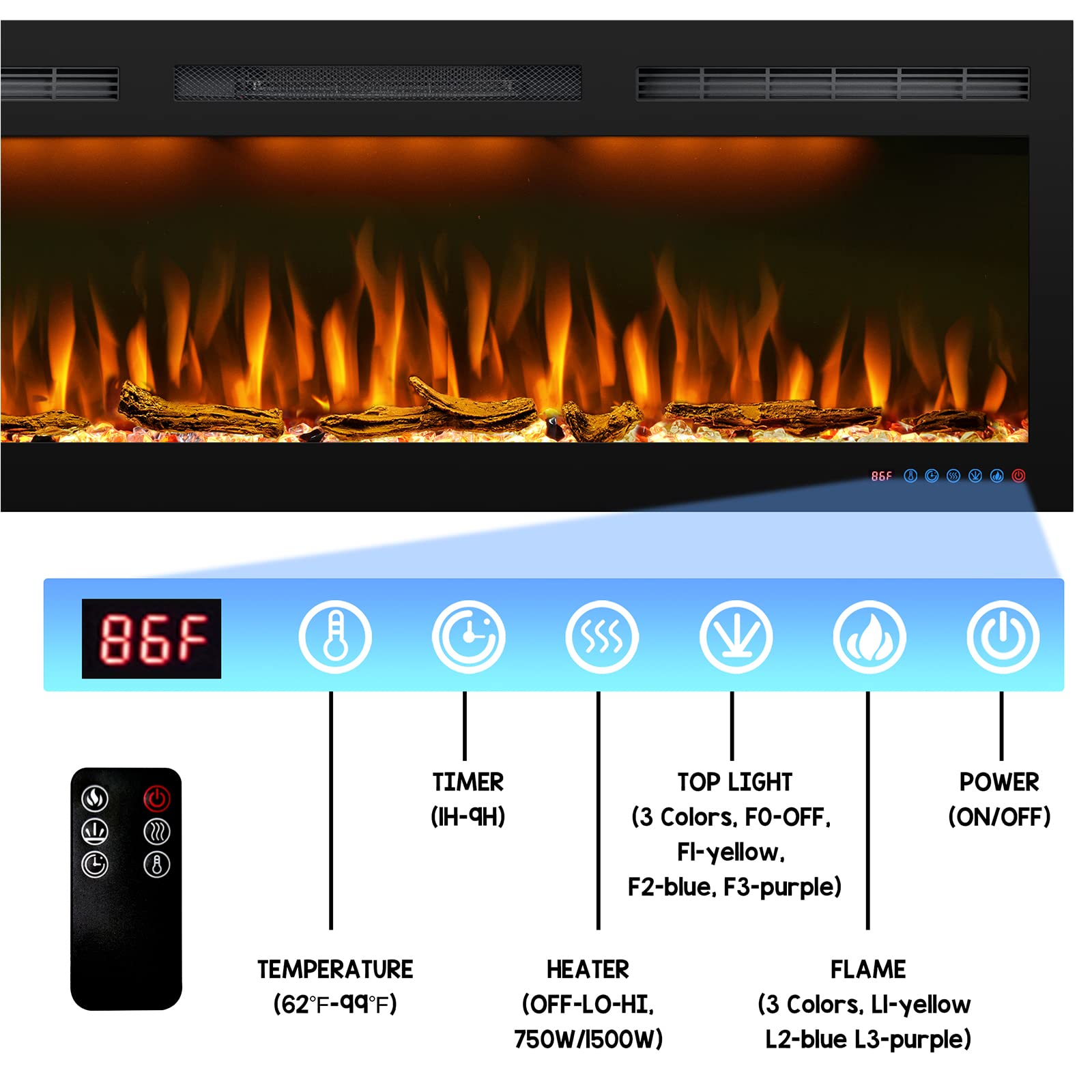 Mystflame 95 inch Fireplace Recessed, Insert and Wall Mounted Slim Electric  Fireplace with 750/1500 Watt Heater, Log u0026 Crystal Hearth, Adjustable  Realistic Flame and Remote Control u0026 Touch Screen - Buy Online - 214887204