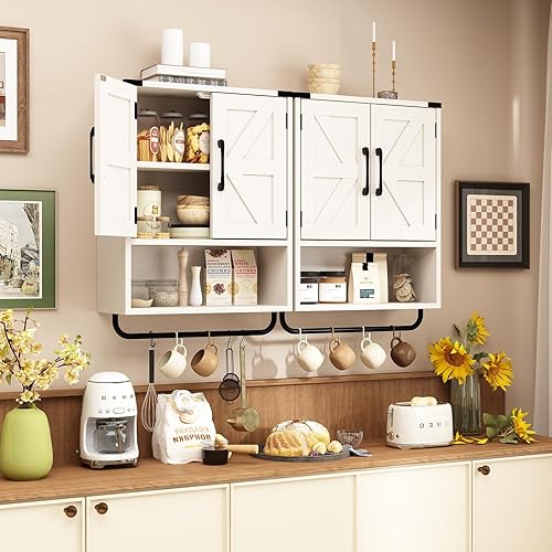 Miniatura 4 de RUSTOWN Armario de almacenamiento de pared de granja con dos puertas de granero, gabinete de medicina de montaje rústico con estante ajustable y