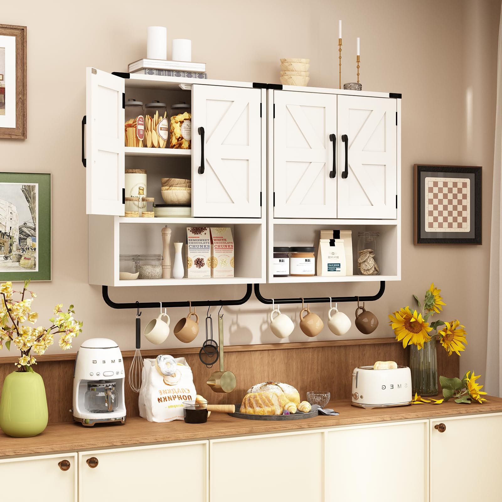 RUSTOWN Farmhouse Wandschrank Aus Holz Mit Schiebetür – 70x55x20 Cm, Verstellbare Regale Für Bad, Küche, Wohnzimmer