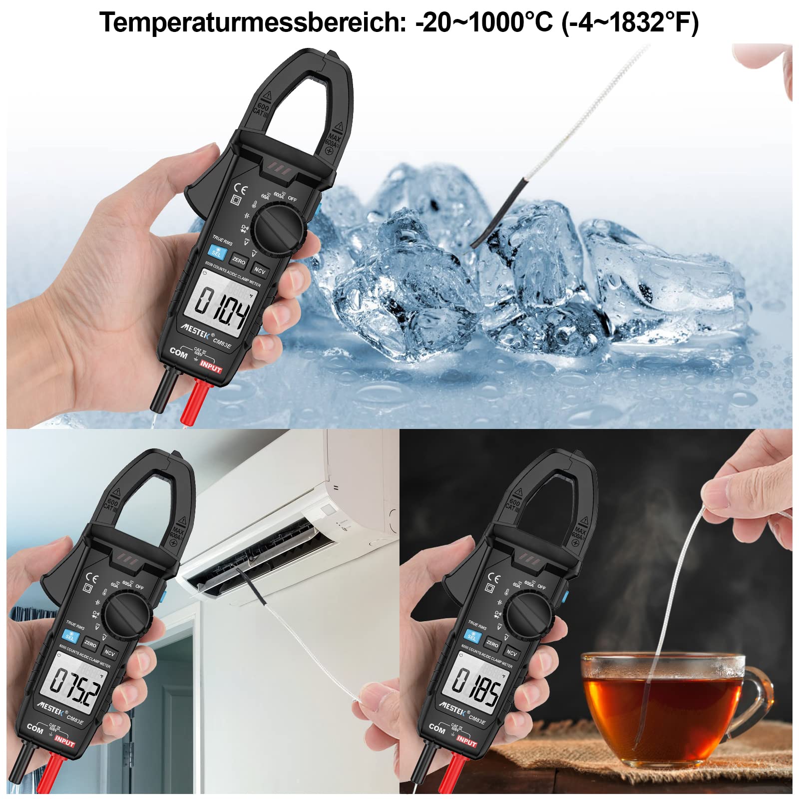 Pinza Amperimetrica Multimetro MESTEK Polimetro Digital Profesional Clamp Meter AC DC Corriente Voltaje CA/CC T-RMS Amperímetro Autorango Resistencia/Frecuencia/Temperatura Bateria NCV VFC 6000Cuentas