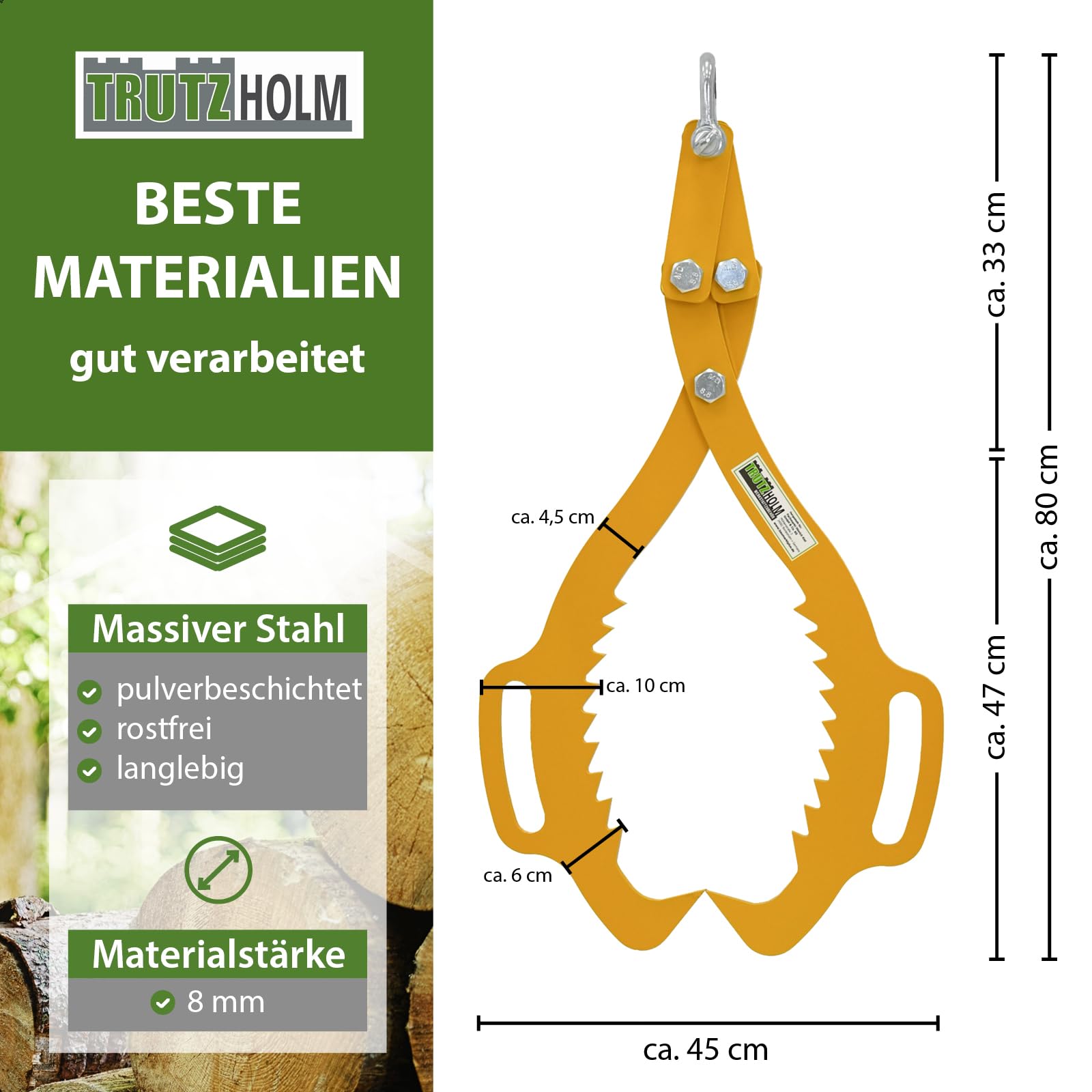 TRUTZHOLM Forstzange für Baumstämme Hebezange mit 2 Klemmdornen Verladezange Holzzange Rückezange zum Heben, Bewegen und Verladen von Holz in RAL 1003 Signalgelb (1000 kg)